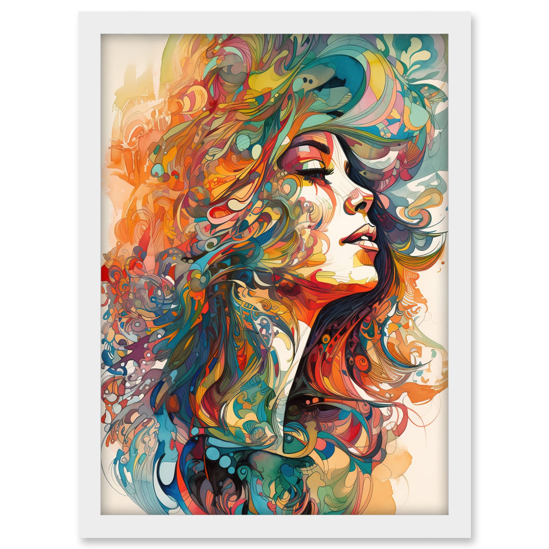 Artery8 Iris Goddess of Rainbows Multicoloured Flowing Hair Deity Portrait Modern Watercolour Illustration Artwork Framed A3 Wall Art Print