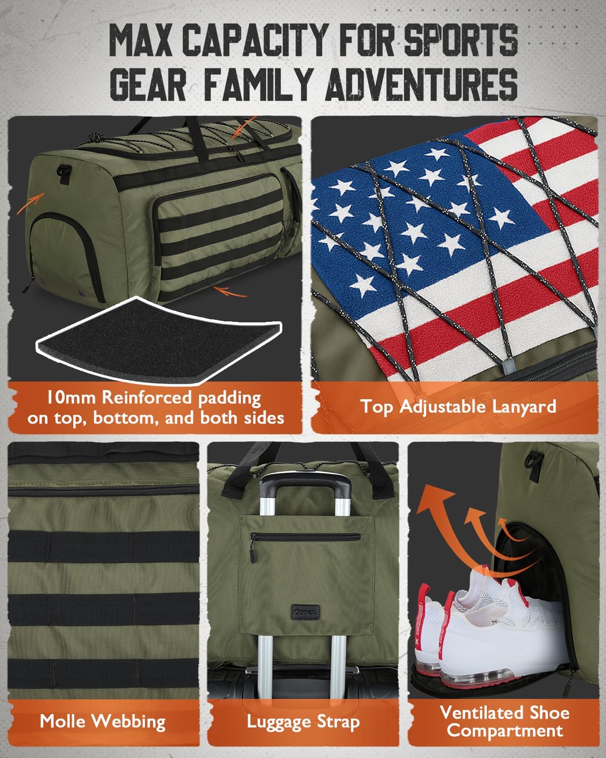 Gonex 130L Extra Large Duffel Bag for Men, Heavy Duty 3 in 1 Convertible Carry Travel Duffle, with Shoe Compartment, Tactical Loops, Sports Gear Bag for Family Trips (Army Green) - Image 4