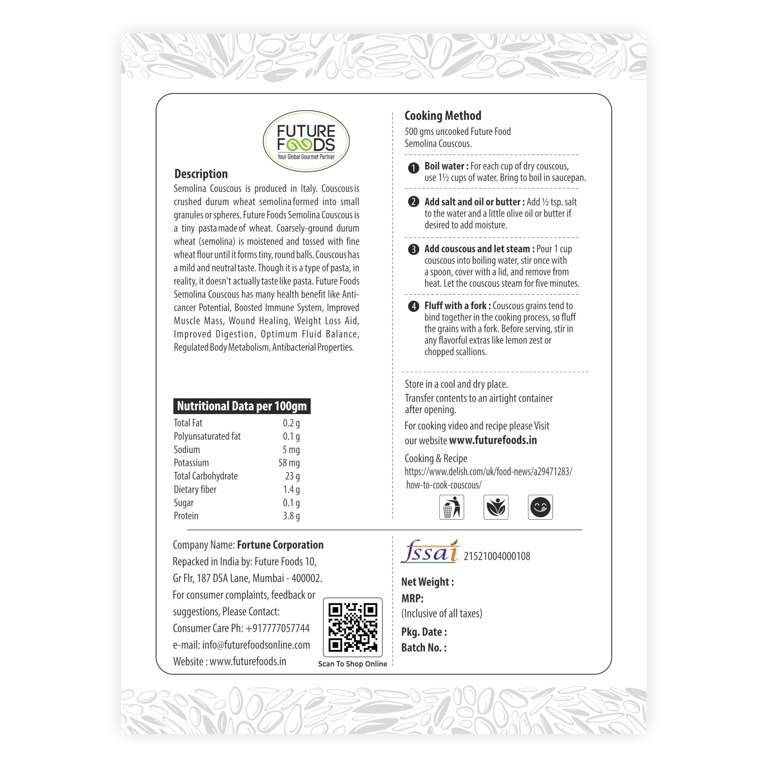 Future Foods Semolina Couscous 450g (Pack of 2) | Mild and Neutral Taste | Light and Fluffy Texture | Good Fiber Source | with Multiple Health Benefits | Helps Lower Cholesterol - Image 2 thumbnail