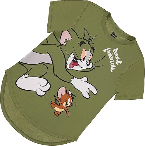 Miniatura 6 de Camiseta de batalla de Tom & Jerry para mujer, diseño vintage de dibujos animados de Hanna Barbera, diseño de gato y ratón con dobladillo curvado