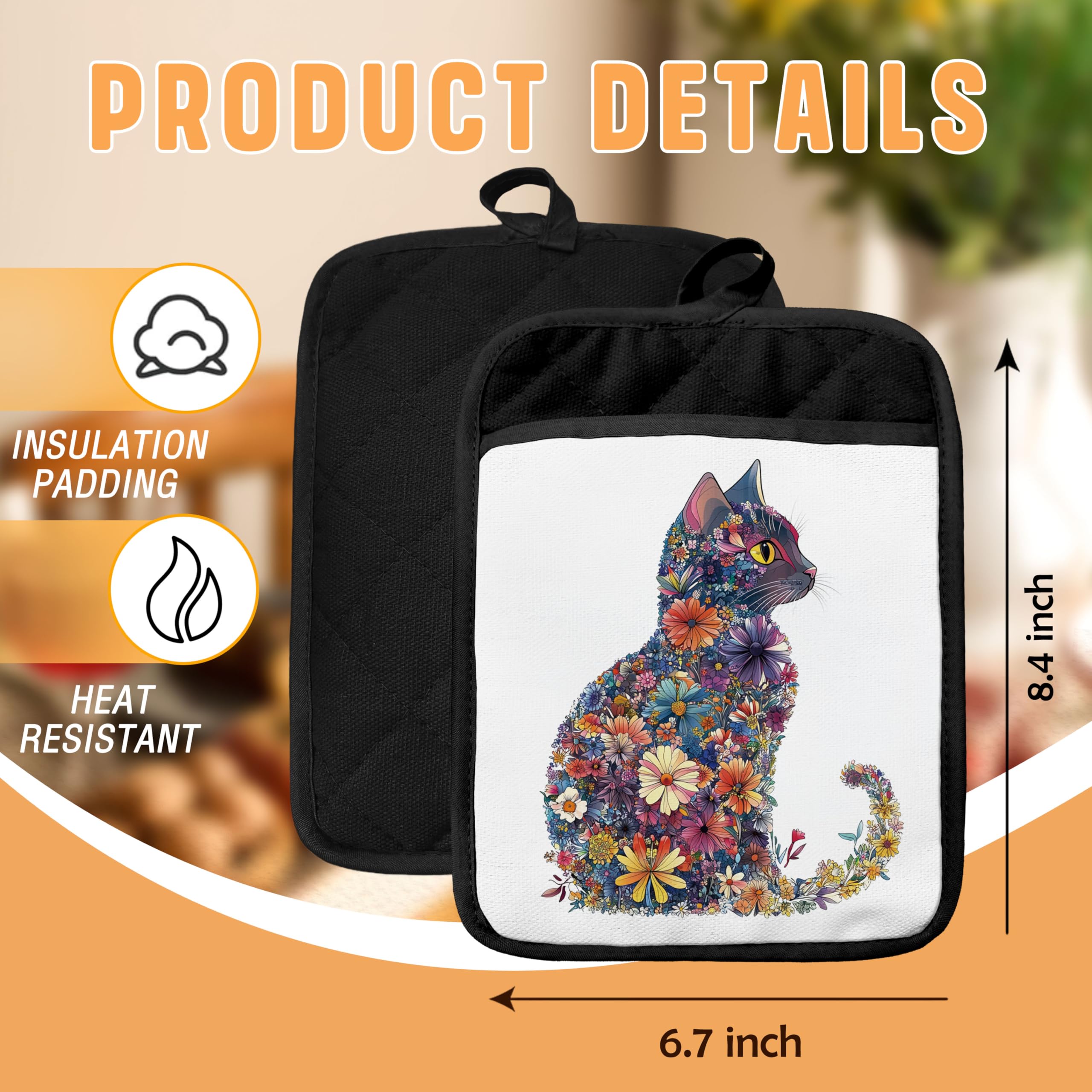 Blumentopfhalter mit Taschen, Katzen-Küchendekoration, ästhetisches Blumen-Kätzchen, Topflappen, hitzebeständige Ofenhandschuhe, heiße Pads für Küche, Backen, Kochen