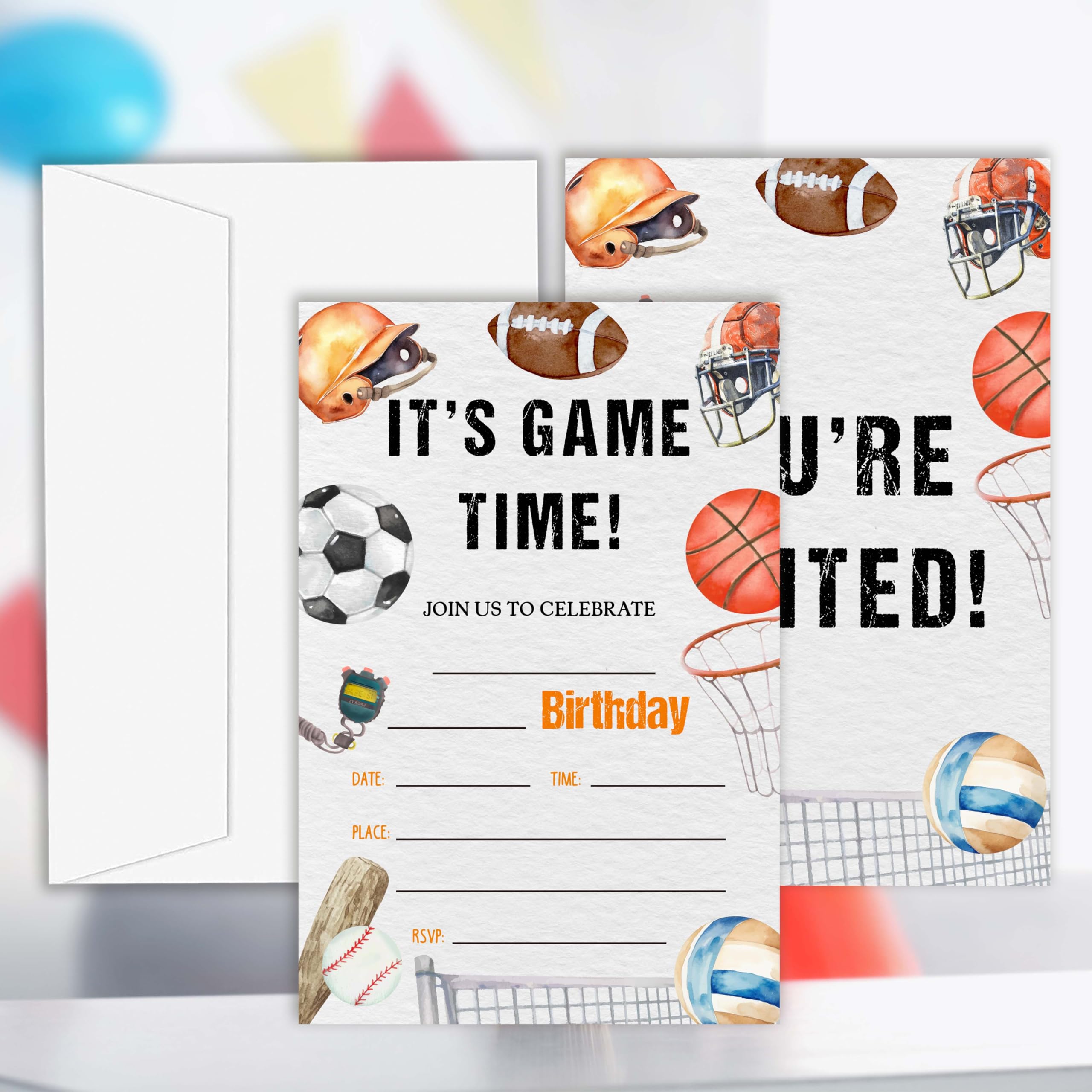 OXRUN Sports Birthday Invitations, It's Game Time, Set of 20 Bday Invites with Envelopes, All Star Party Invitation Cards for Boys Girls Party