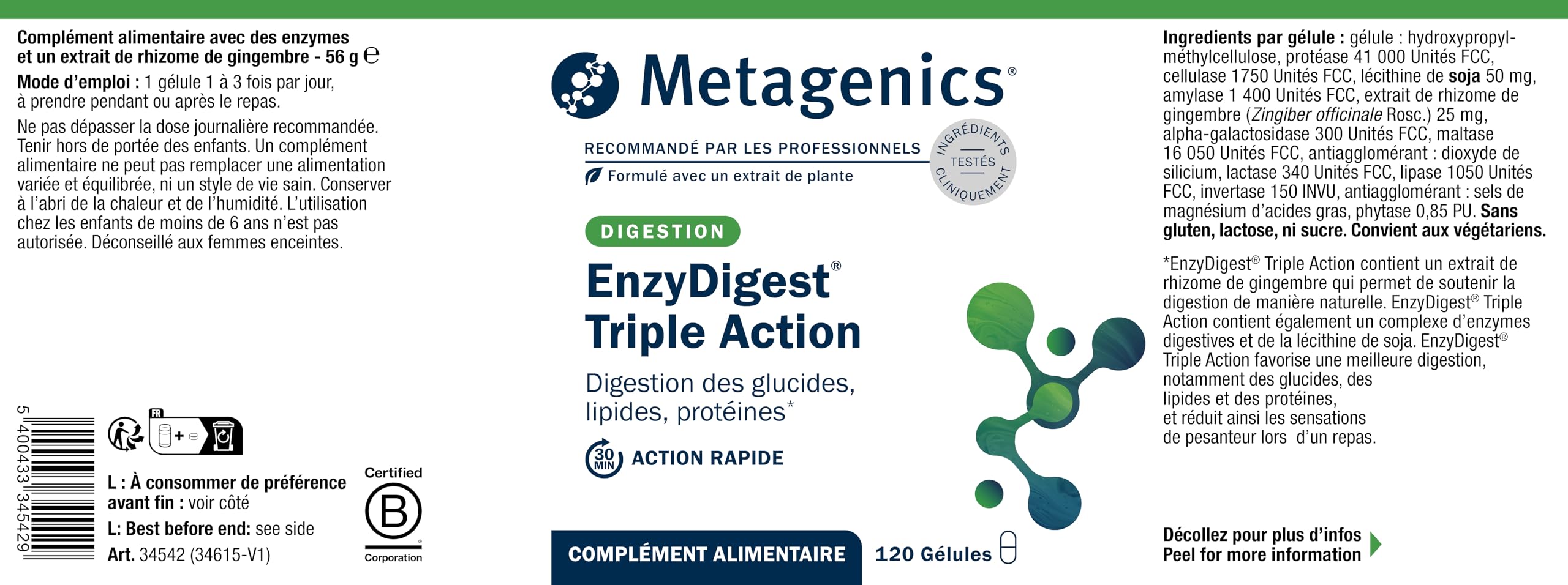 Metagenics EnzyDigest, Enzymes Digestives, Gingembre, 120 Gélules | Complexe d'enzymes digestives avec gingembre. Formule destinée à un usage quotidien.
