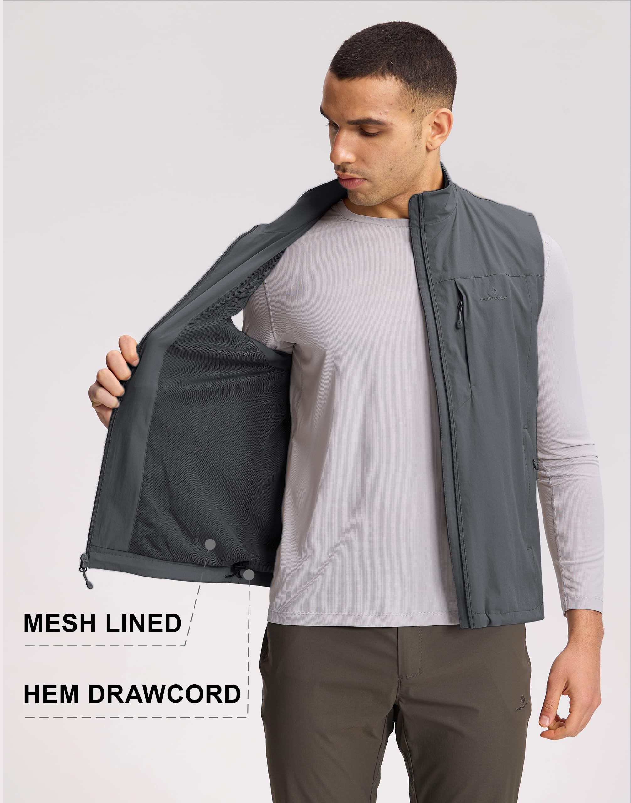 Pioneer Camp Gilet d'extérieur pour homme - Gilet fonctionnel respirant et coupe-vent avec inserts en maille, séchage rapide, extensible dans les 4 directions, fermeture éclair et poches multiples