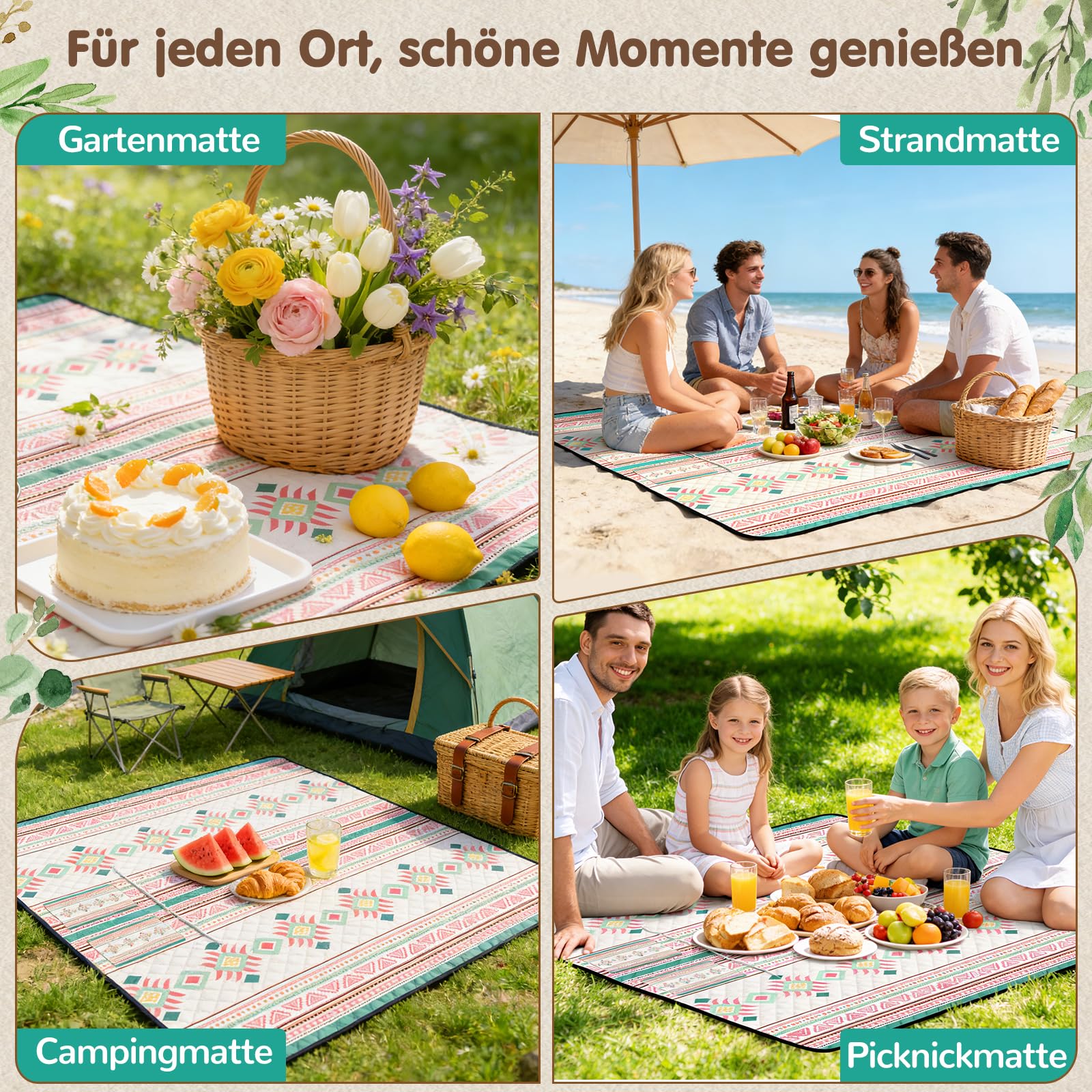 Ulikey Coperta da Picnic, 200 x 200 cm Boho Coperta Picnic Impermeabile, Tappetino da Spiaggia Portatile Isolata, Tappeto da Picnic lavabile per Esterni, Campeggio, Spiaggia, Parco, Picnic (Rosa)