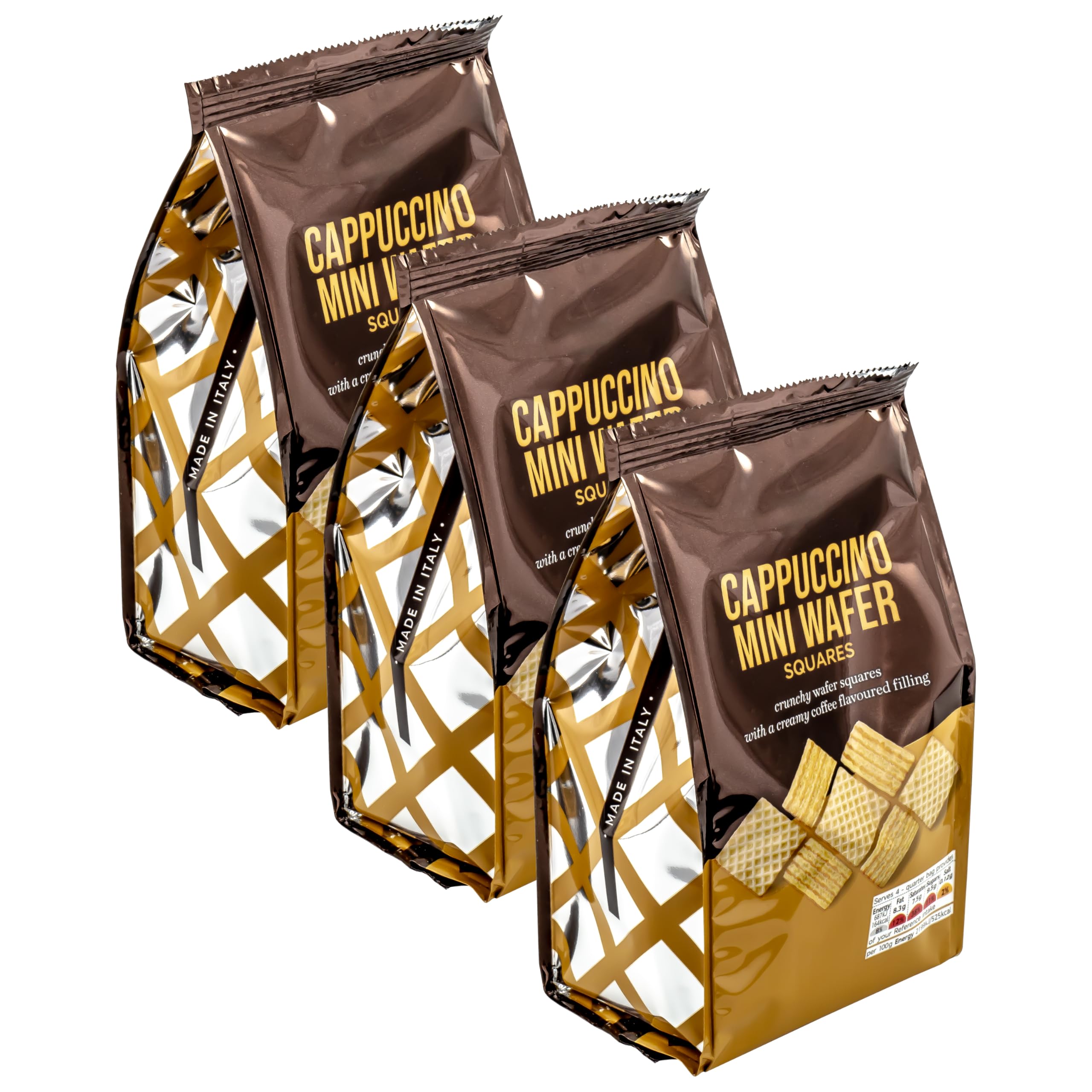 Premium Italian Cappuccino Mini Wafer Squares, Coffee-Flavoured Creme Filling, Made in Italy, 375g (3 x 125g)