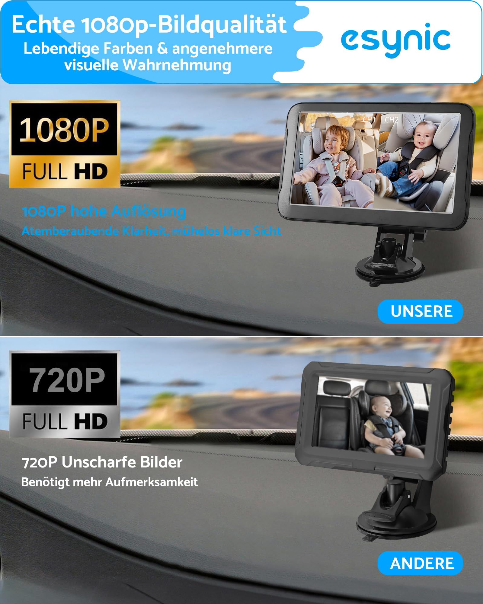 eSynic Autospiegel Baby Rücksitz Doppelmonitor 5" HD Rückspiegel für Auto, 1080P Nachtsicht Auto Rückspiegel Monitor, 170° Weitwinkel, 2 Kameras Unterstützt, 360° Drehbar, Sicher für Babys
