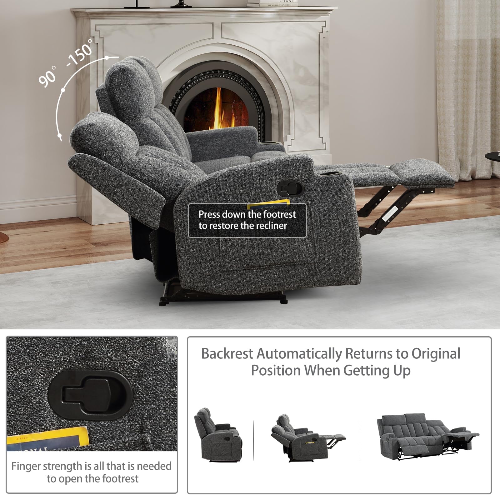 CANMOV Manual Recliner Sofa Set, Fabric Recliner Living Room Furniture Sets, 1 Seat Reclining Chair, a Loveseat, a 3 Seat Sofa Furniture Set with Side Pockets and Cup Holders, Dark Grey view 4