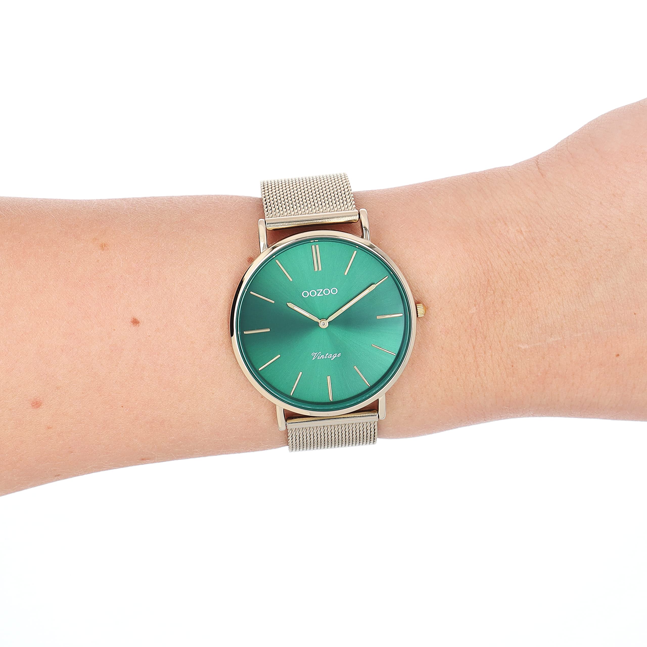Oozoo Vintage Damen Uhr in Gold/Grün- Armbanduhr Damen mit Milanaise-Metallband - Analog Damenuhr in rund