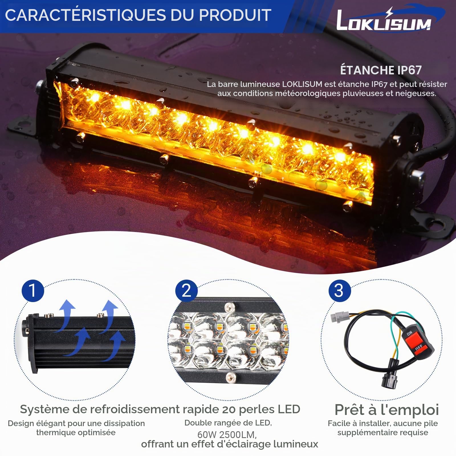 Barre Lumineuse pour Moto Tout-terrain 60 W 2500 lm avec Interrupteur, Lumière Blanche et Jaune pour Guidon de 22 mm, Compatible avec CRF110 KLX140 KLX110 TTR110 TTR110E KLX PW XR RM KX Motocross