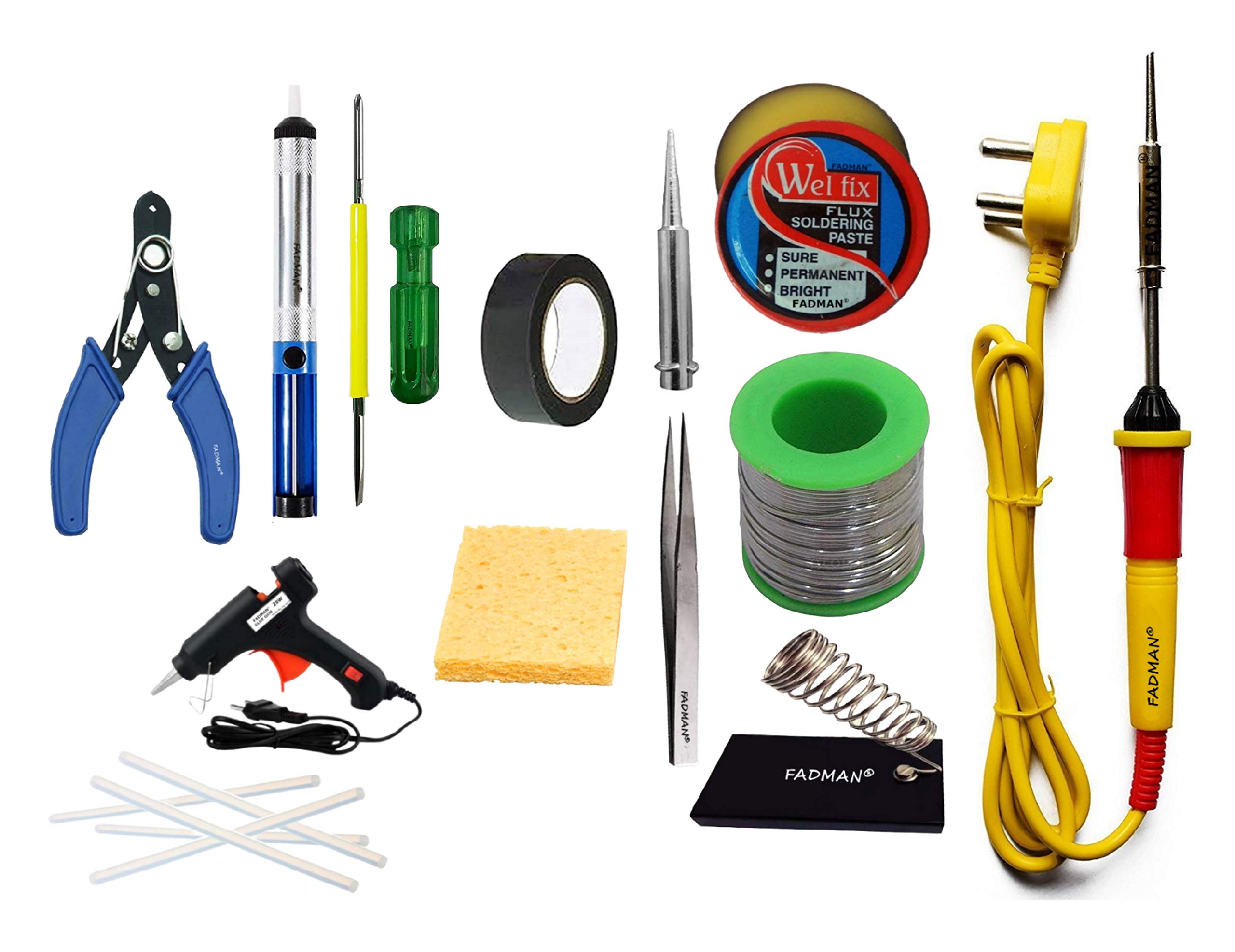 Fadman Basic Kit Soldering Iron Kit | 25w Soldering Iron, Glue Gun with Sticks, Soldering Wire, Soldering Flux, Teewzer, Stand, Soldering Wick, 2 in 1 Screw Driver, Tips, Soldering Pen, Tape & Wire Cutter (yellow+black , Combo of 13) (B08WCLH8CR) Amazon Price History, Amazon Price Tracker