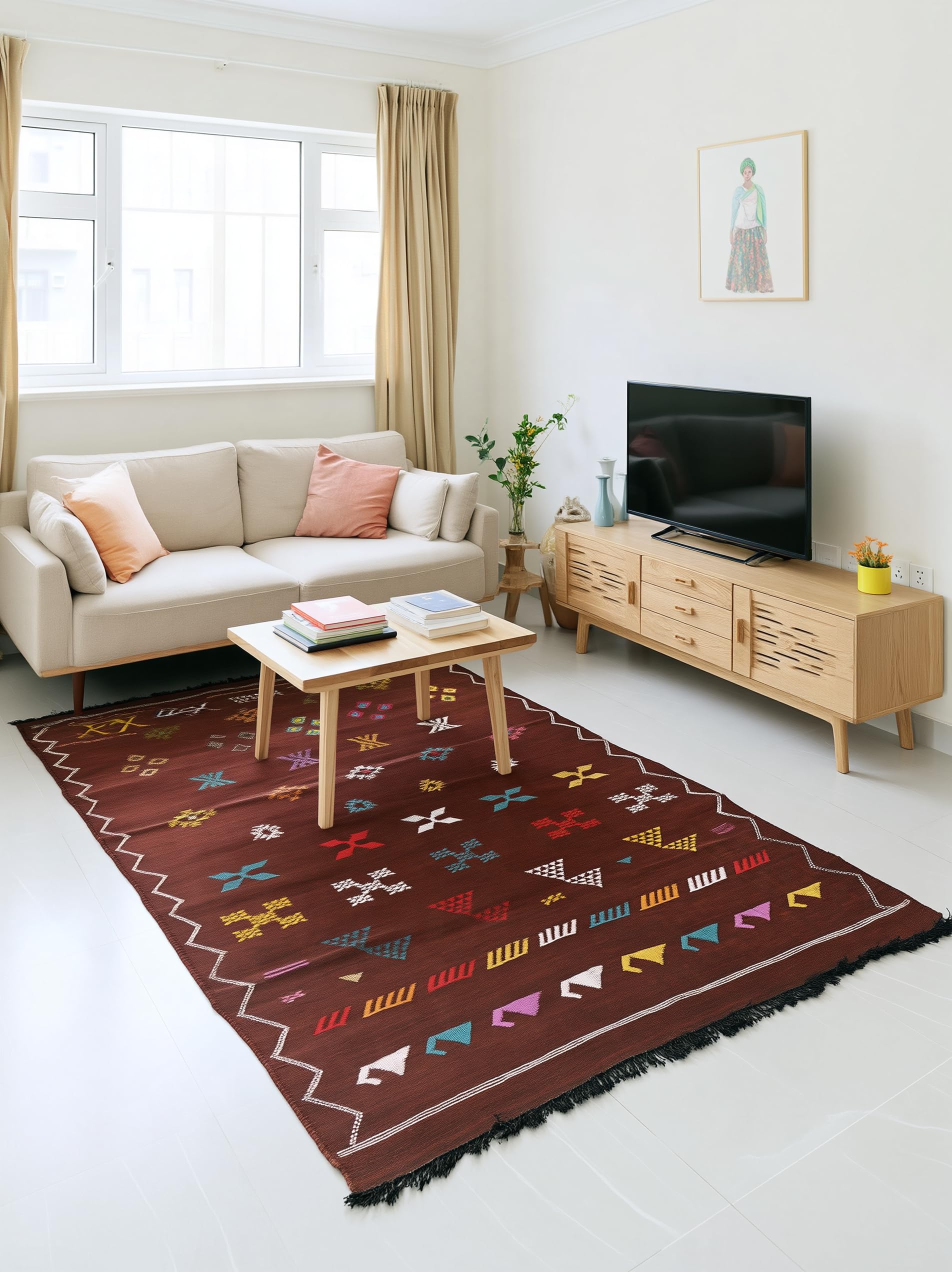 Tapis Berbère Marocain Marron Bordeaux - Tapis Kilim Tissé Motifs Ethniques Multicolores - Tapis Fait Main Franges - Style Boho Chic pour Salon, Chambre, Couloir