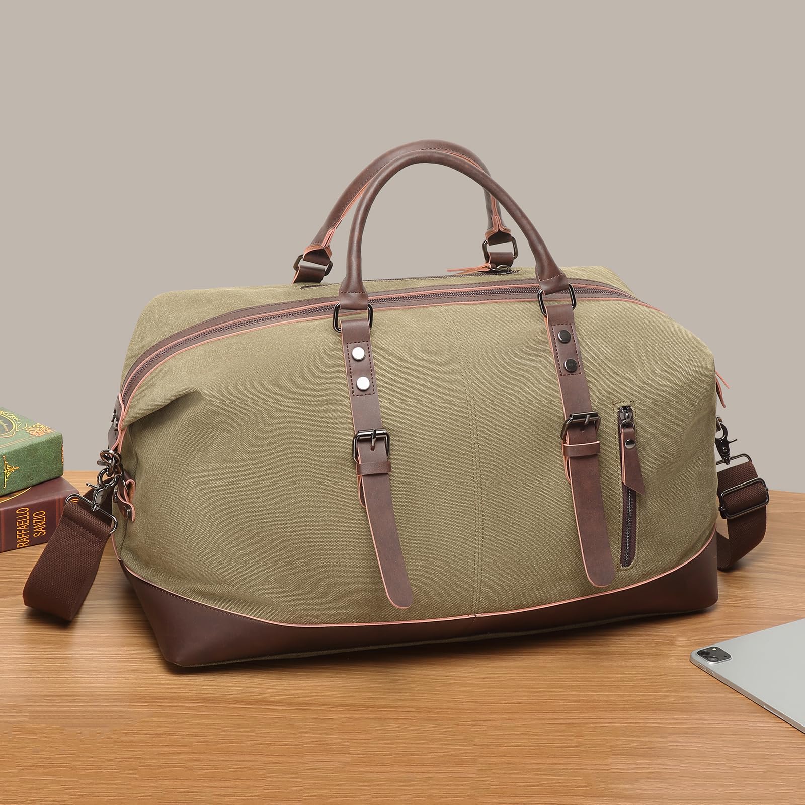 Canvas-Duffel-Bag für Reisen – Wasserabweisende Weekender-Tasche, Handgepäck, Sport- und Reisetasche für Damen und Herren (Dunkelgrün)
