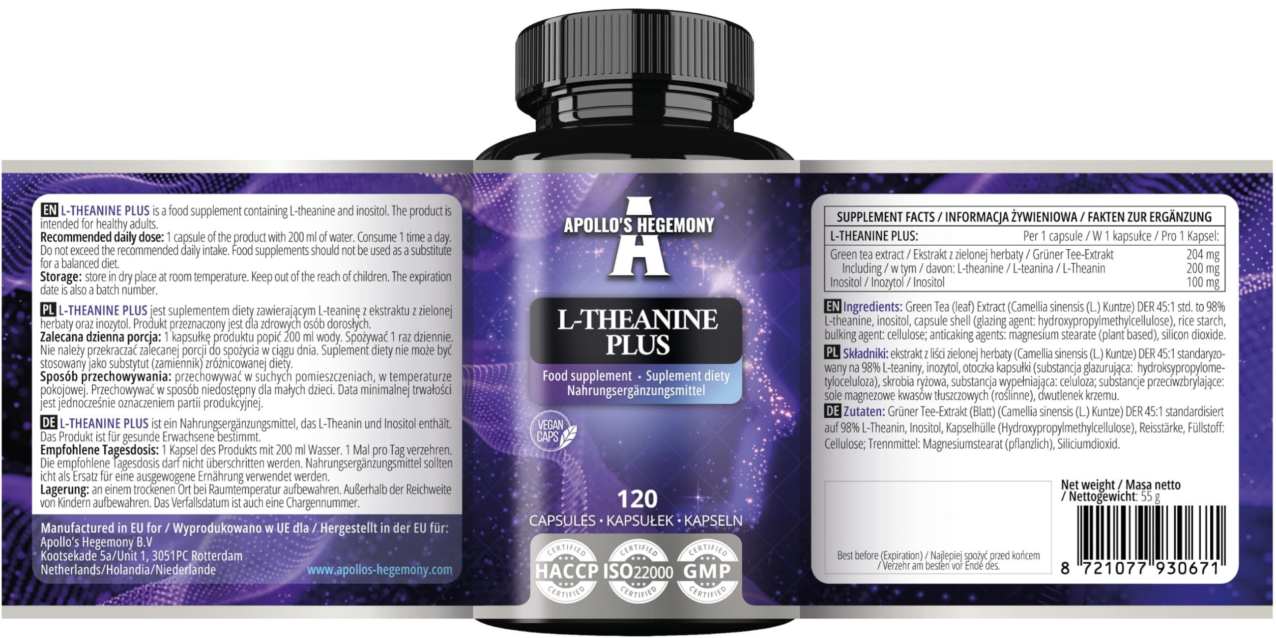 L-Teanina (98% estratto di tè verde) con Myo-Inositolo 300 mg - 120 capsule vegane - 4 mesi di fornitura - Supporta la chiarezza mentale e la gestione dello stress - da Apollo's Hegemony