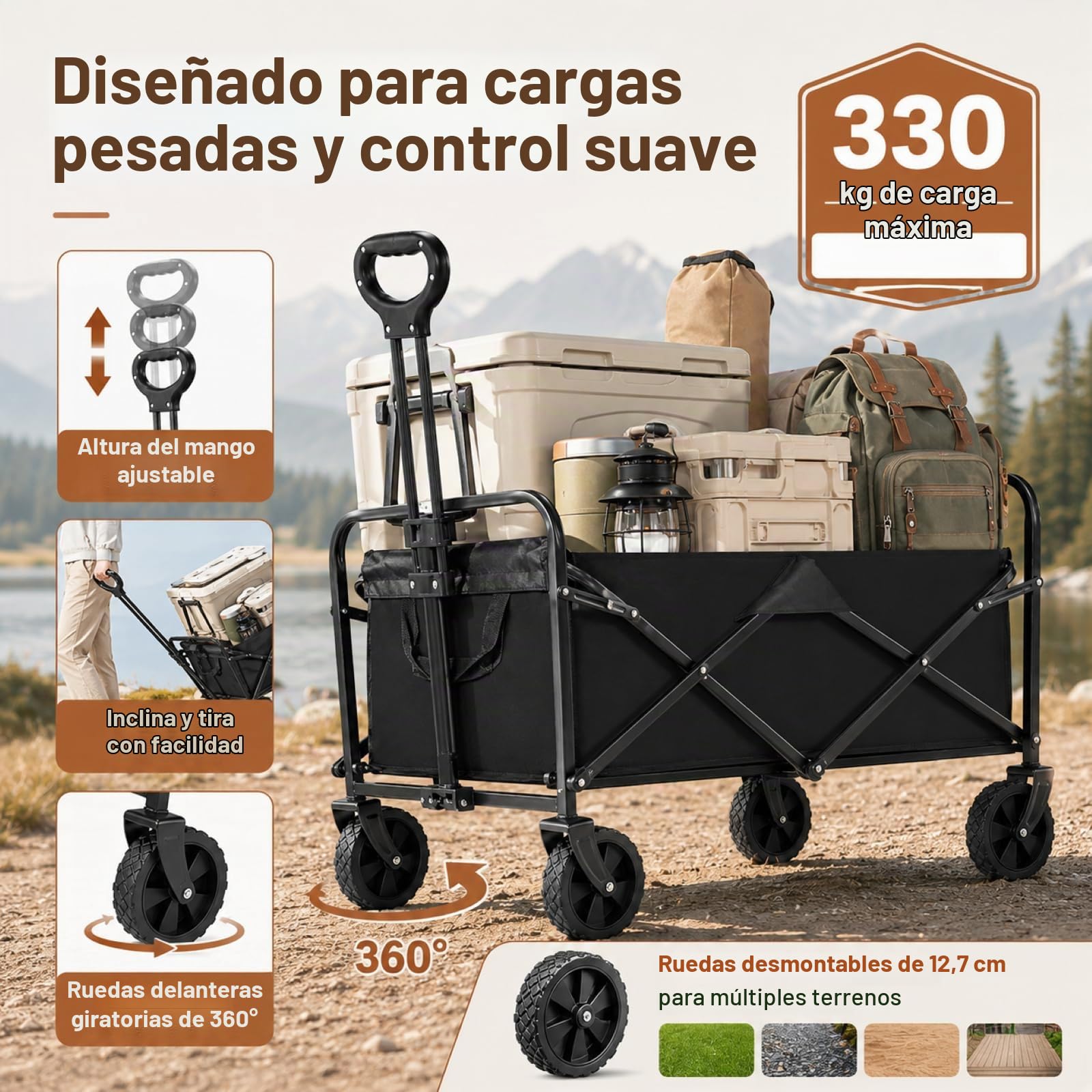 Superficie de carga de 150 kg, carrito de playa plegable, gran capacidad, portátil, para jardín, camping, festival