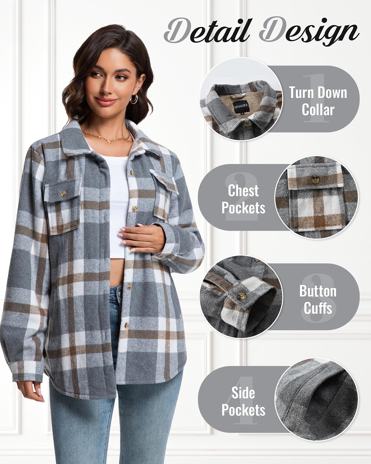 Elesuit Damen Sherpa Gefüttert Flanell Hemdjacke Plaid Button Down Jacke Mantel für Frauen mit Tasche
