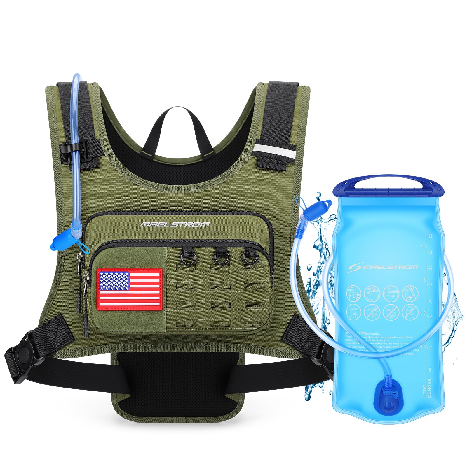 Maelstrom Hydration Running Vest with 2L Water Bladder for Men Women | Chest Pack, BPA-free, High Flow Bite, Reflective Stripe, Detachable, Breathable Pad, Perfect for Cycling, Marathon, Hiking