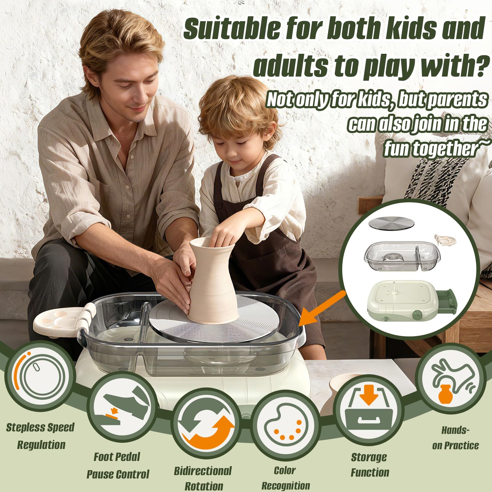 Piattaforma da Ceramica per Bambini, Kit Mini Tornio da Ceramica con Pedale e Scatola Portaoggetti, Rotazione Bidirezionale, con DIY Utensili, Regalo Creativi per Bambini Adulti Principianti