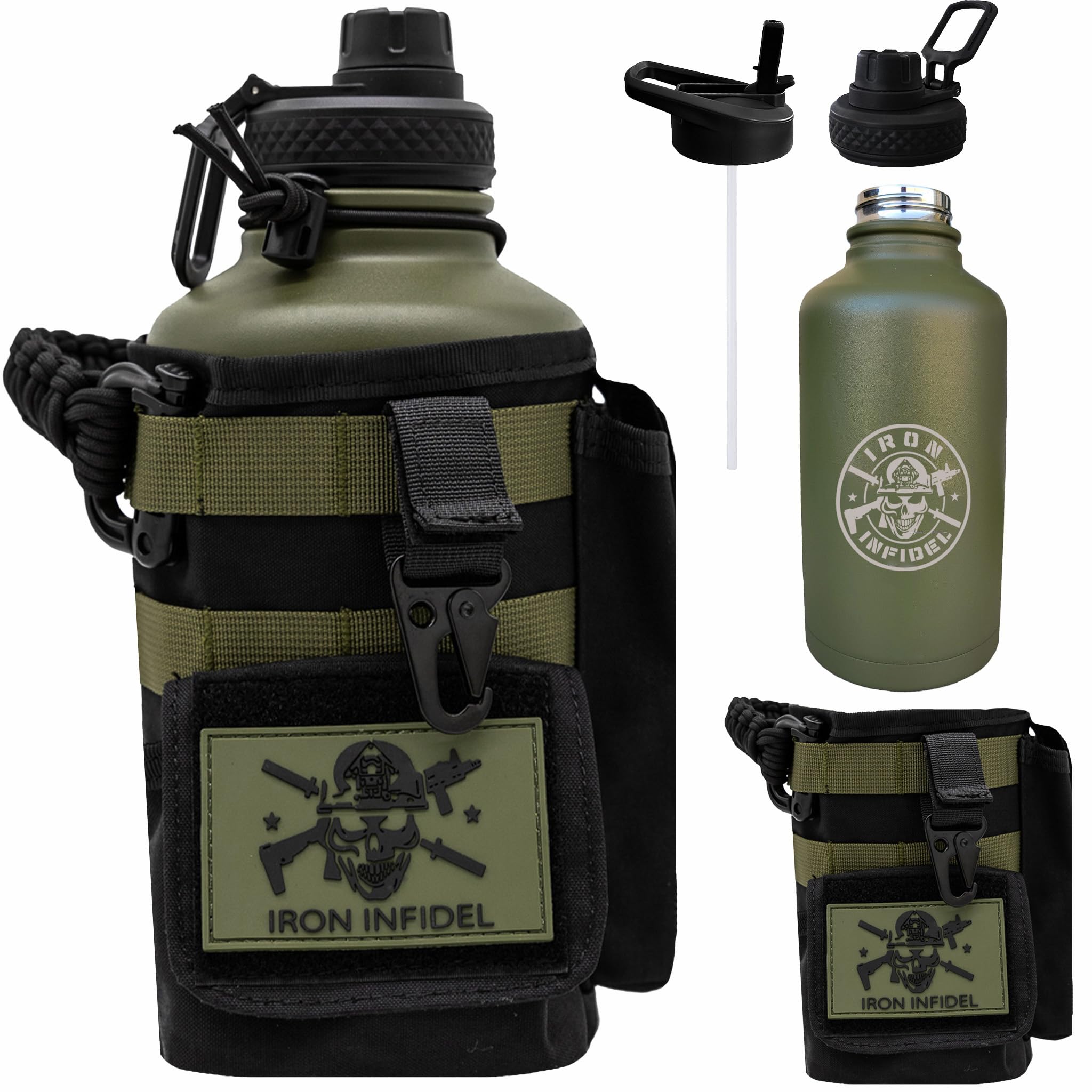 Iron Infidel Battle Bottle - Half Gallon Insulated Water Bottle with Paracord Handle, Large 64 oz Stainless Steel Water Jug with Rugged, Removable Sleeve for Keys, Wallet &amp; Phone (Widowmaker 2L)