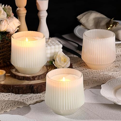 Miniatura 5 de simeitol Tarros de vela blancos de 13 onzas para hacer velas, paquete de 6 tarros de vela de vidrio acanalado, con tapas de bambú y kit de mecha de