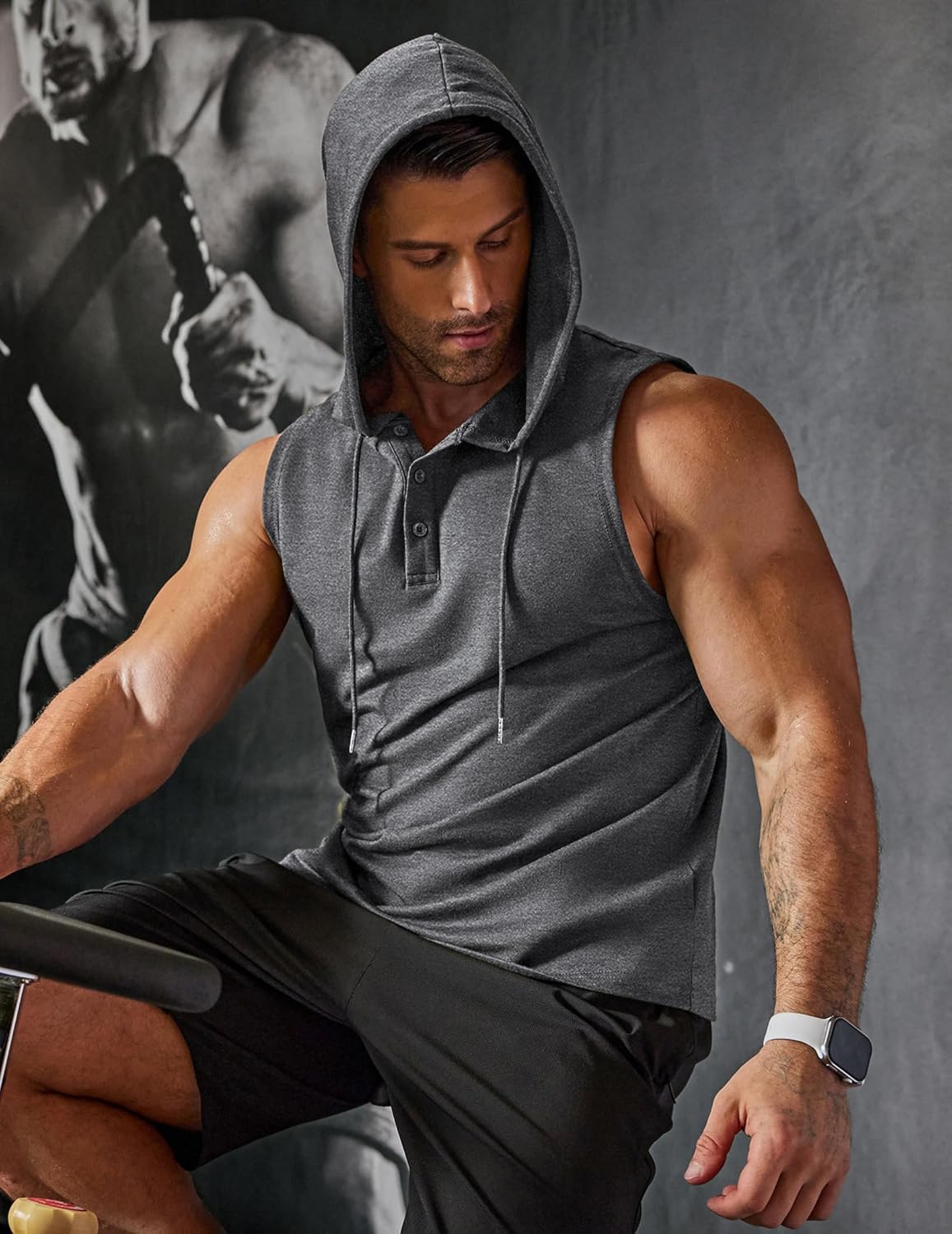COOFANDY Men's Workout Hooded Tank Tops Sleeveless Gym Hoodies Cotton Muscle Cut Off Shirt Bodybuilding Henley Shirts - Image 4