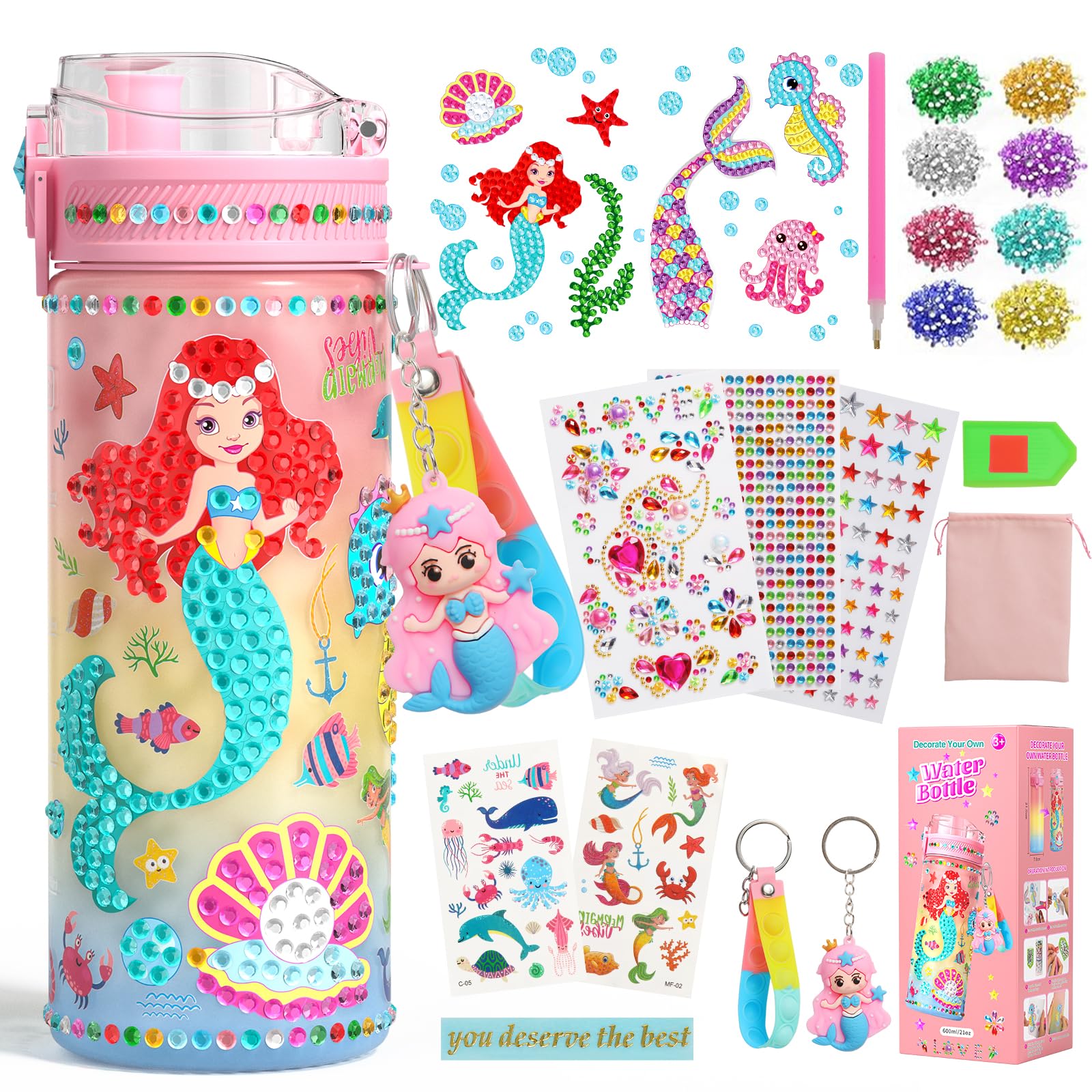 AYIQUTY Decorate Your Own Water Bottle Kits for Girls, Mermaid DIY Toys Painting with Diamond Art Stickers for 3-12 Years Old, Fun Arts & Crafts Gifts Toys for Girls Birthday Christmas Aged 5 6 7 8 9