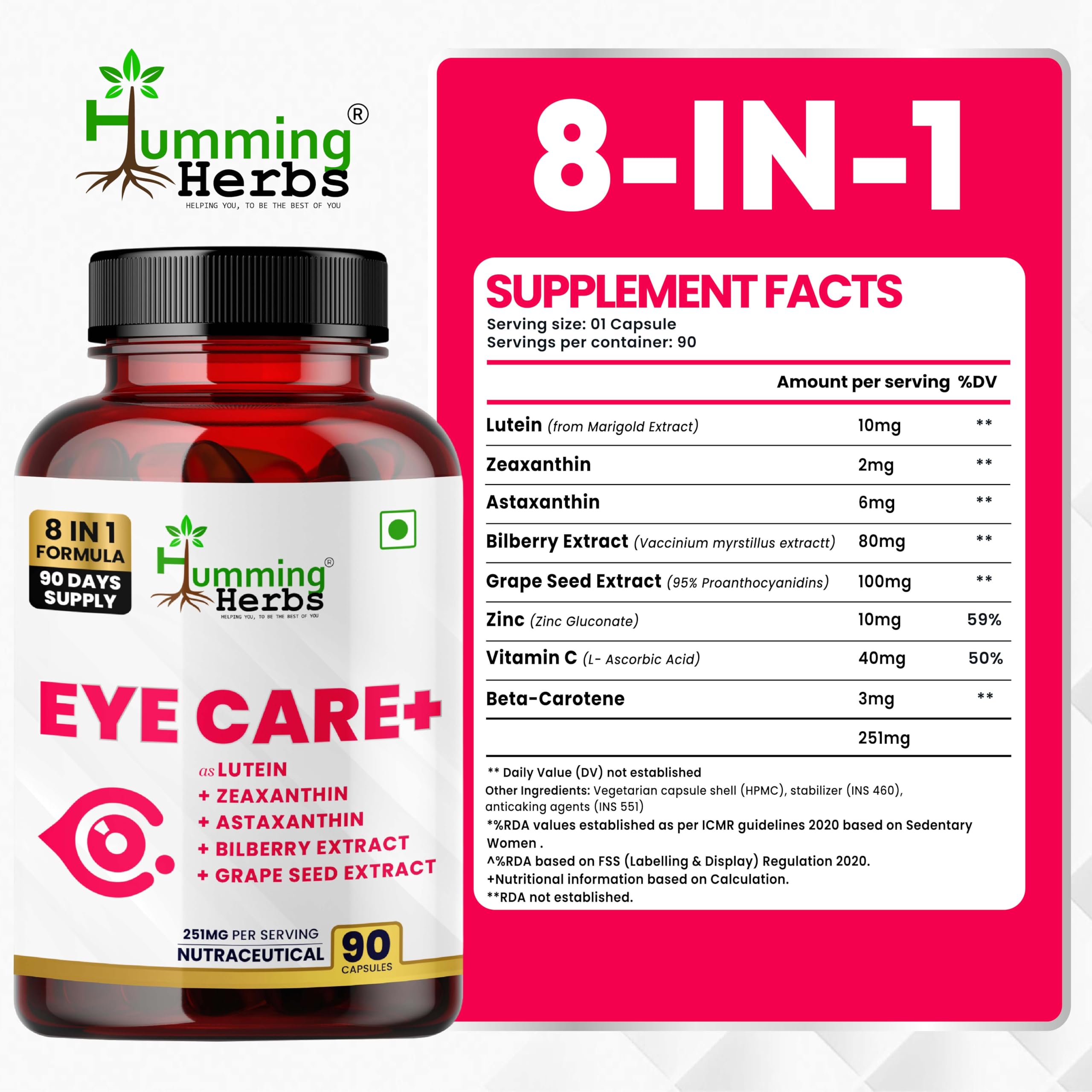 Humming Herbs Eye Care+ Supplement 8-in-1 with Lutein Zeaxanthin Astaxanthin Bilberry Grape Seed Zinc Vitamin C & Beta-Carotene – Vision & Eye Health Support – 90 Veg Capsules — Amazon image 3
