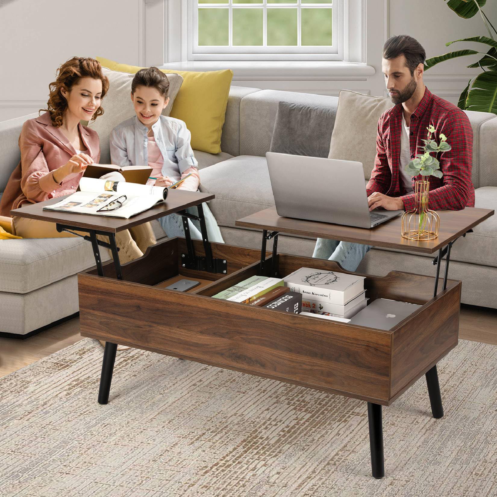 VOWNER Table Basse Relevable Extensible Noix | Double Plateau Réglable en Hauteur avec Compartiment de Rangement Caché