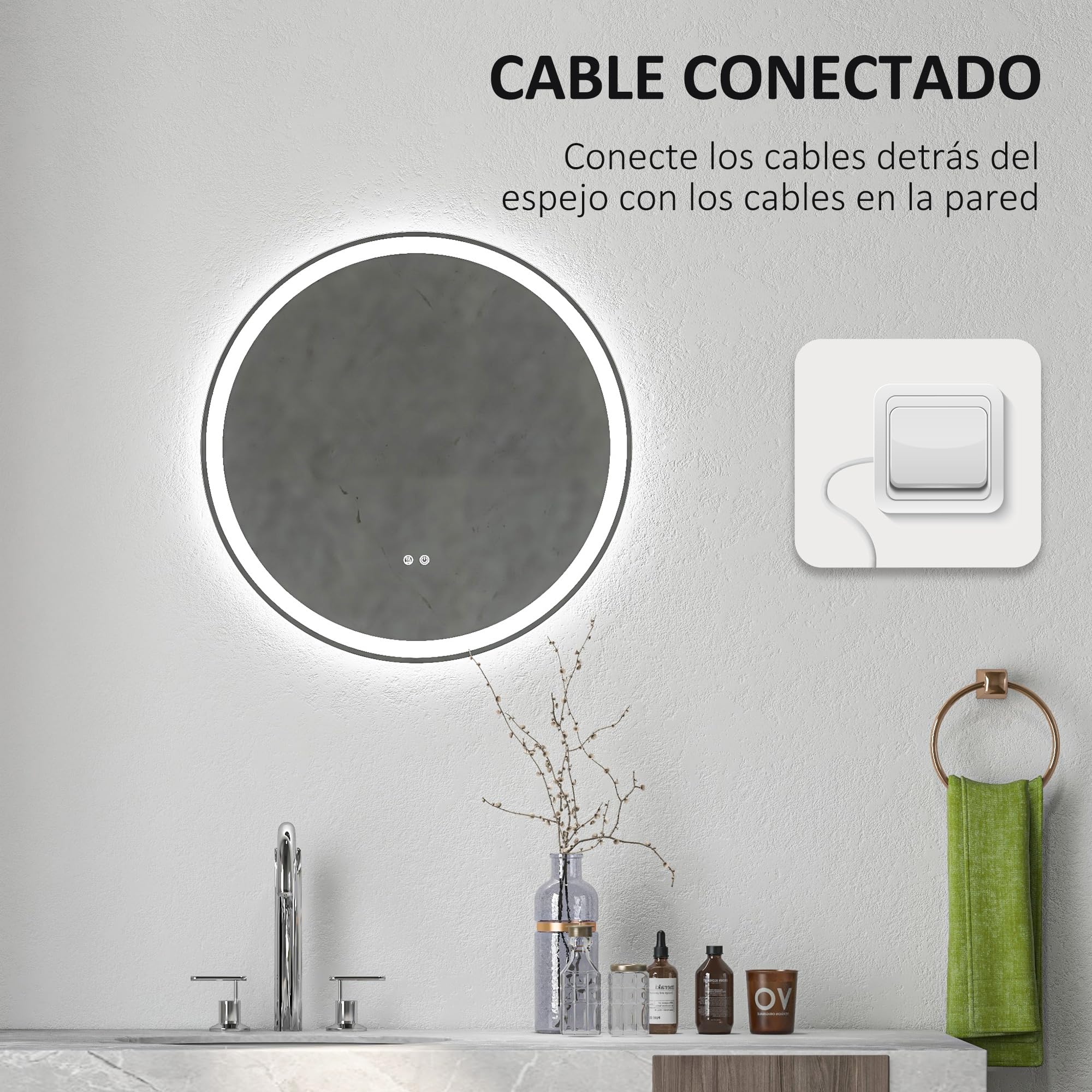kleankin Espejo de Baño con Luces LED Ajustable Antivaho Ø60 cm Plata | Espejo para Baño Redondo, Función de Memoria, Interruptor Táctil, para Salón Entrada