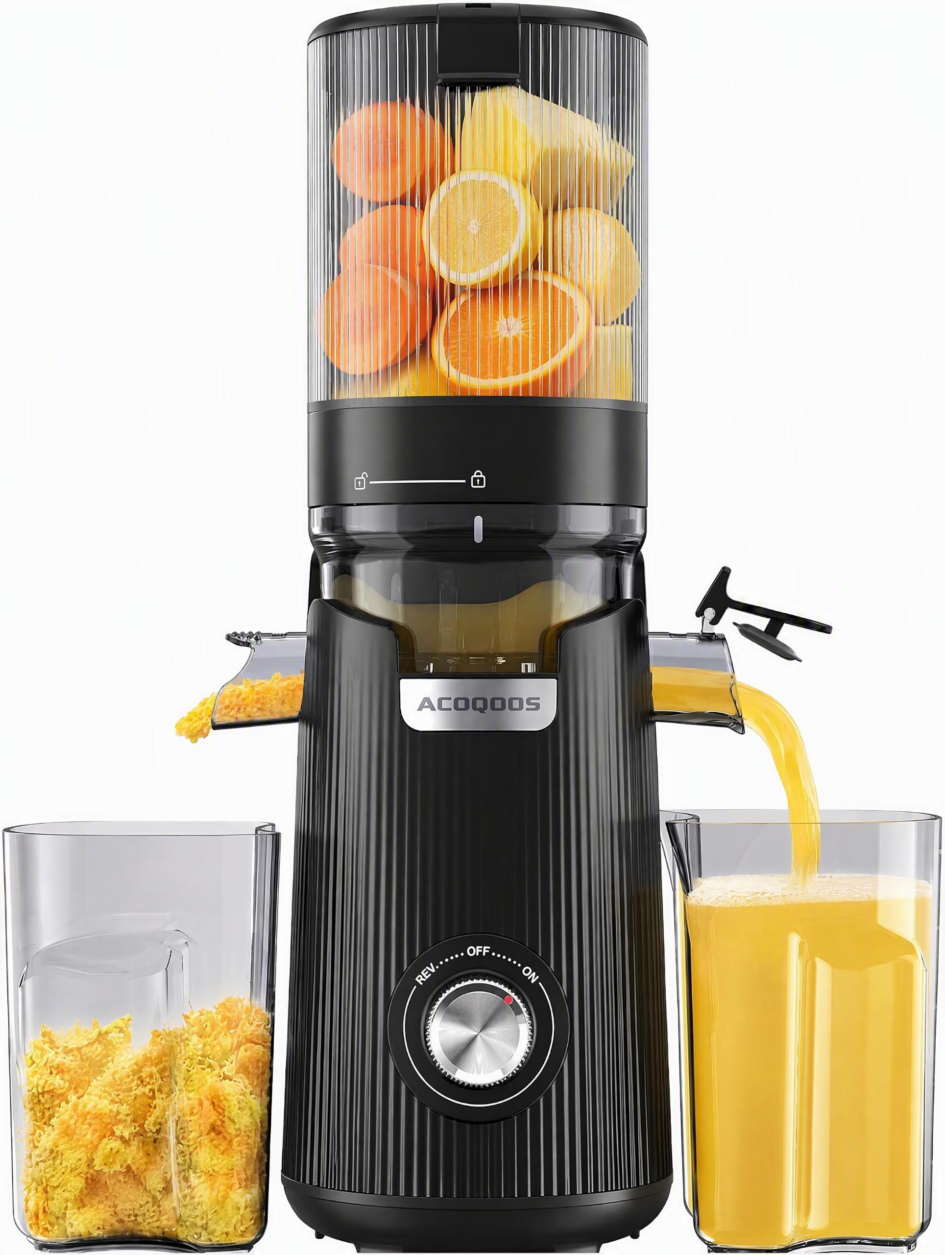 ACOQOOS Entsafter, Entsafter für Ganze Gemüse und Obst, 135 mm Breite und Größere Fütterungsröhre, 1,8 L Füllvolumen, Leicht zu Reinigender Slow Juicer mit 2 Gläsern, Elektrische Saftpresse Naturweiß