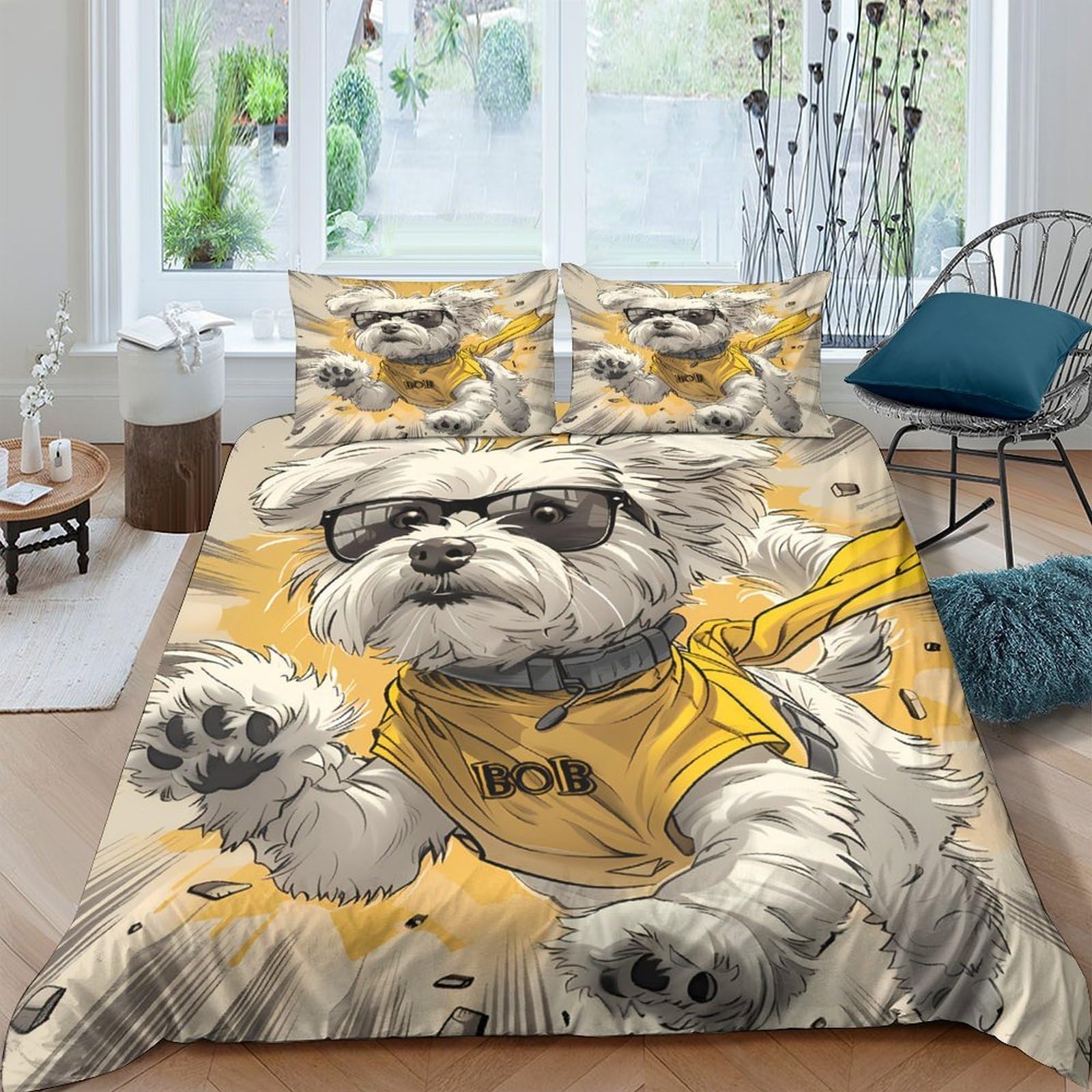 Ctjqhvkz Style-9 3D Printed Cool Dog Sunglasses Fitted Sheet Microfiber Soft Yellow Cartoon Pet Bed Cover For Bedroom Dorm Decor Single（135X200cm）