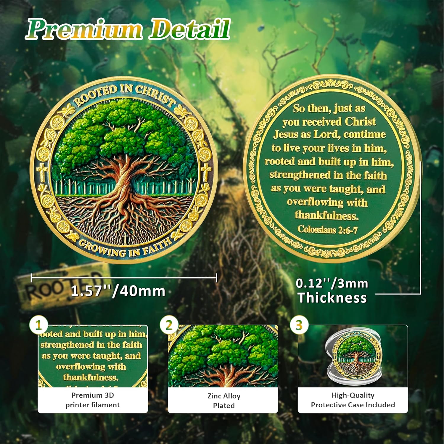 10PCS Tree of Faith Christian Challenge Coin - Colossians 2:6-7 Jesus Religious Token - Rooted in Christ God Pocket Bible Verses Chip for Study - Good Luck Commemorative Gifts for Men Women Kids