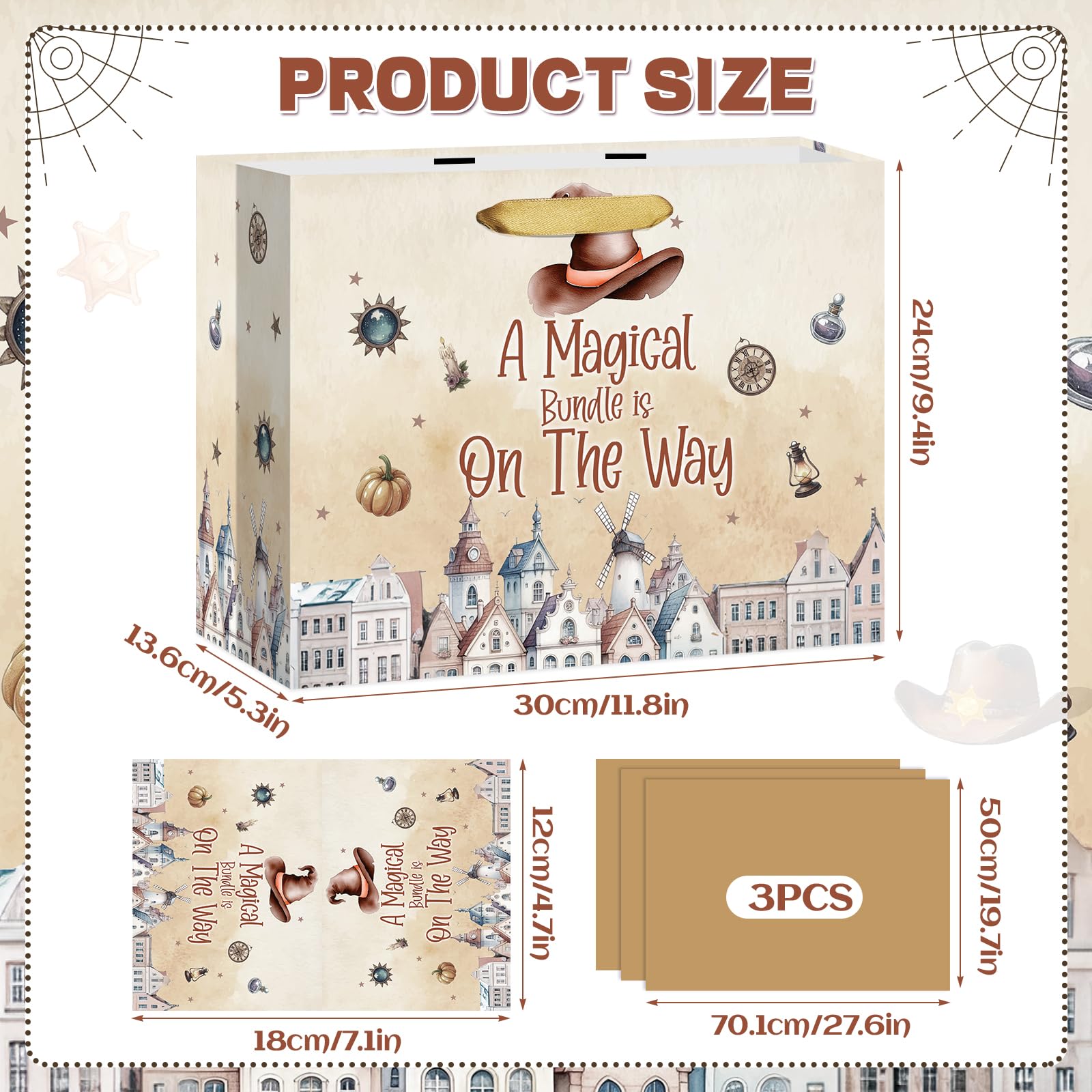 Magical Wizard Baby Shower Birthday Gift Bag for Baby Girls A Magical Bundle is On The Way Bag with Wrapping Paper Card Large Brown Castle Witch Gift Bag for Halloween Baby Shower Party Supplies