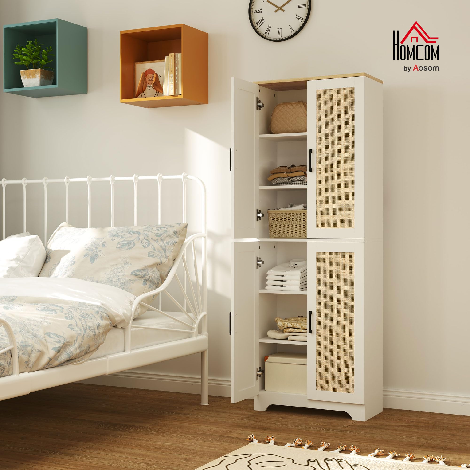 HOMCOM Alacena de Cocina con Estantes Ajustables 60x30x170 cm Blanco | Aparador de Cocina, Puertas de Ratán, Sistema Antivuelco