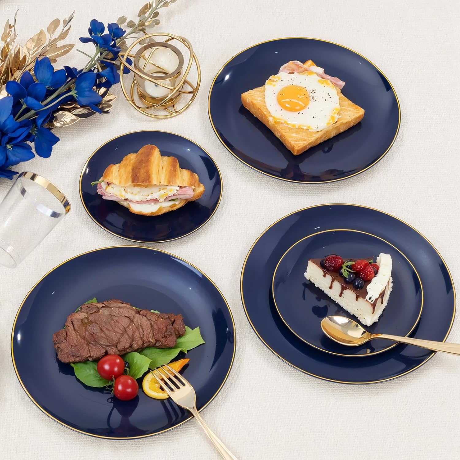 KIRE 350Pcs Blue and Gold Plates -Heavy Duty Navy Blue Dinnerware Set - 100 Plastic Plates 50 Pre Rolled Napkins with Gold Plastic Silverware 50 Cups for Upscale Birthday/Wedding/Parties - Image 4