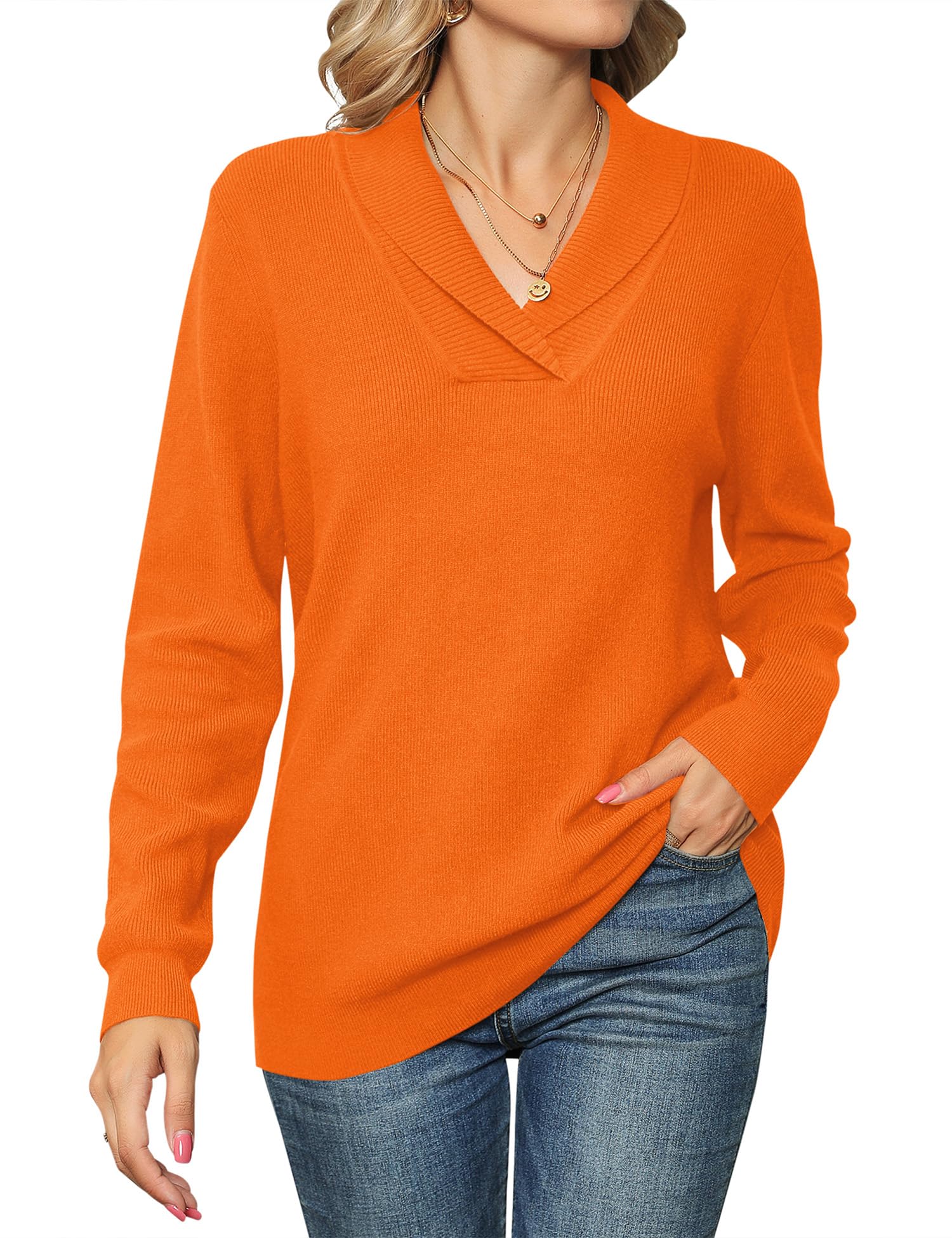 Ivicoer Women Long Sleeve V Neck Pullover Collar Knitted Sweaters