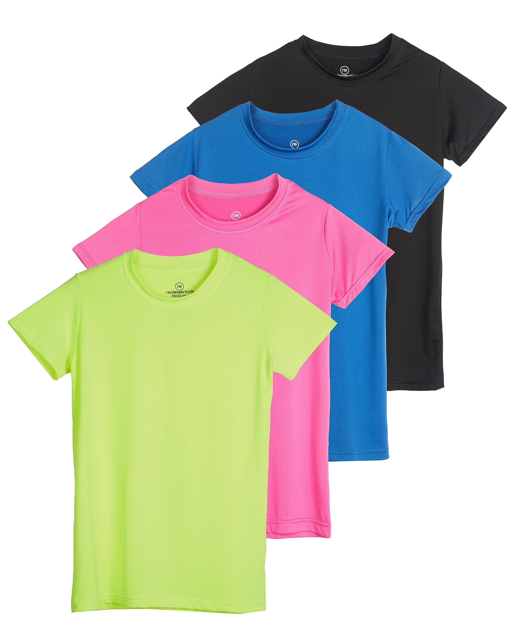 Real Essentials4 Pack: Girls Short Sleeve Dry-Fit Crew Neck Active Athletic Performance T-Shirt