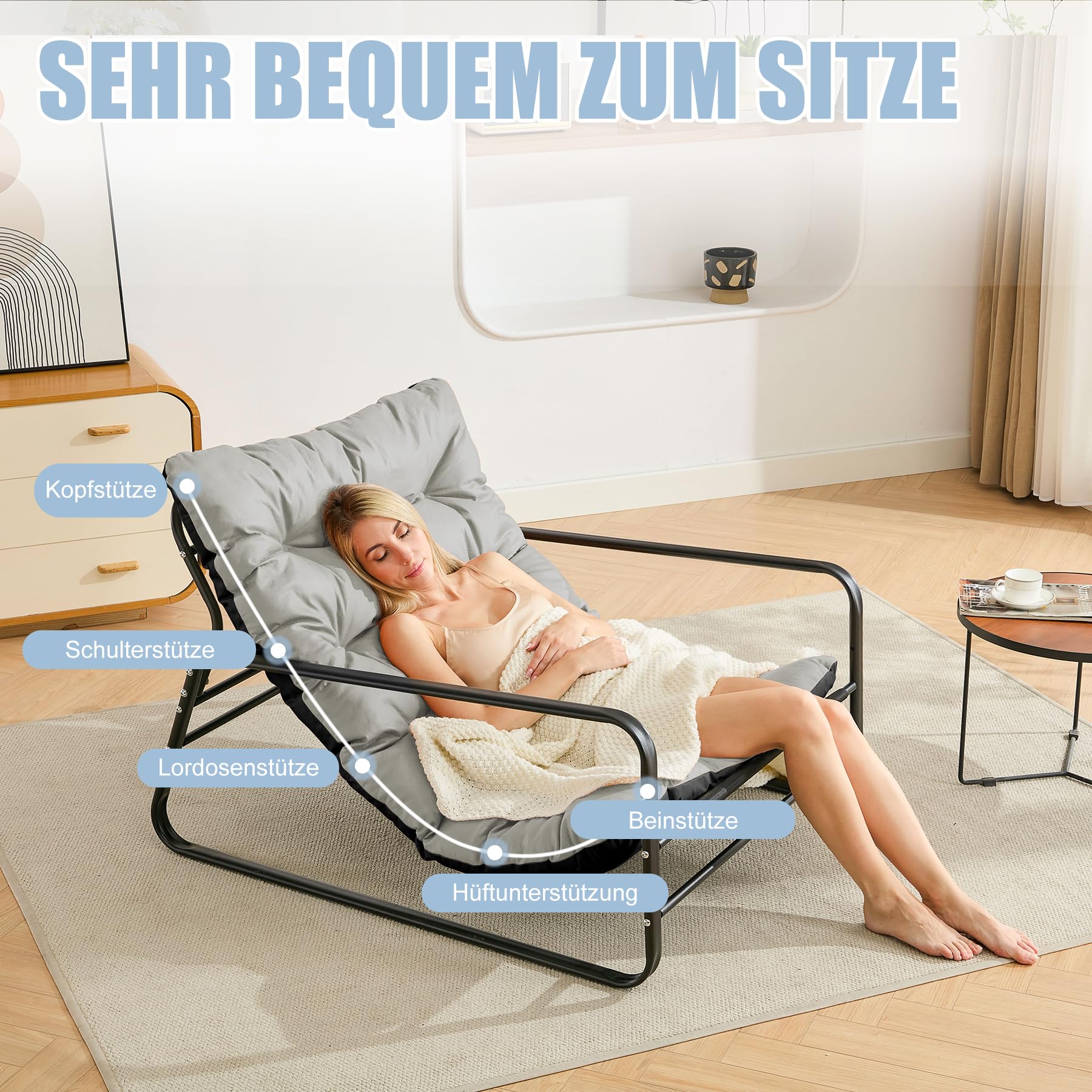 Sillón de salón de jardín con cojín reversible, sillón de jardín, balcón, muebles de acero, silla acolchada para 2 personas, sillón de jardín, exterior, balcón, jardín, terraza (gris oscuro+