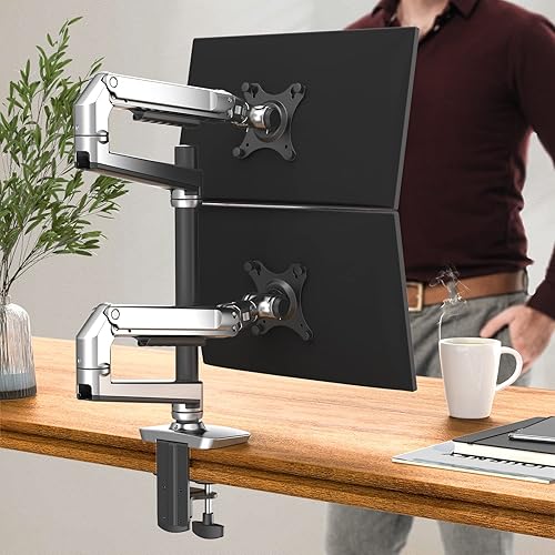 Miniatura 9 de Soporte para monitor doble, soporta pantallas de hasta 40 pulgadas y 25 libras, brazo doble para monitor totalmente ajustable con abrazadera en C y