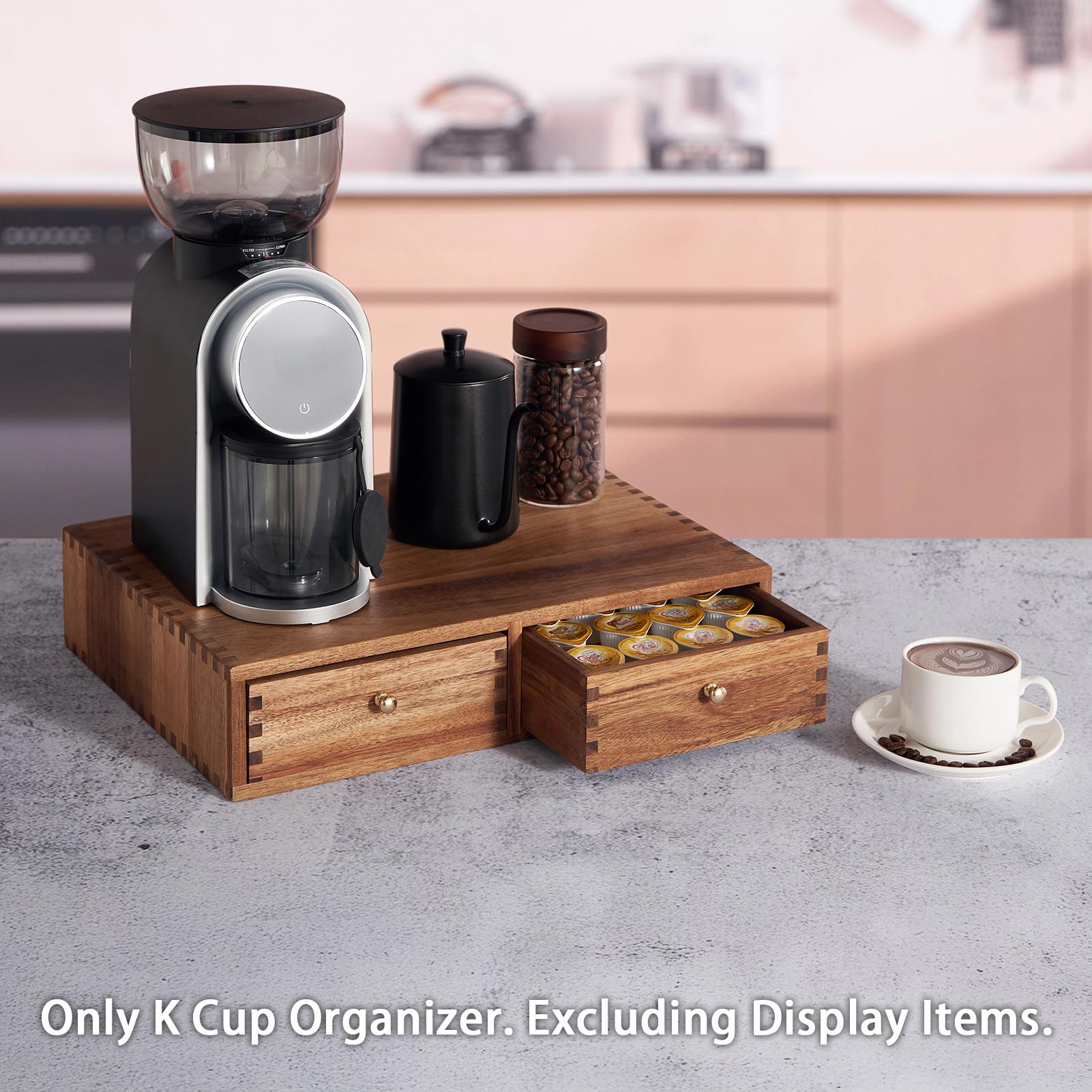 Akazienholz Kaffee-Kapseln Organizer-Schublade, Tee Lagerbox mit rutschfester Matte, für 30 Kapseln, Unter Kaffeemaschine, Arbeitsfläche Kaffeestation Halter Maschinensockel
