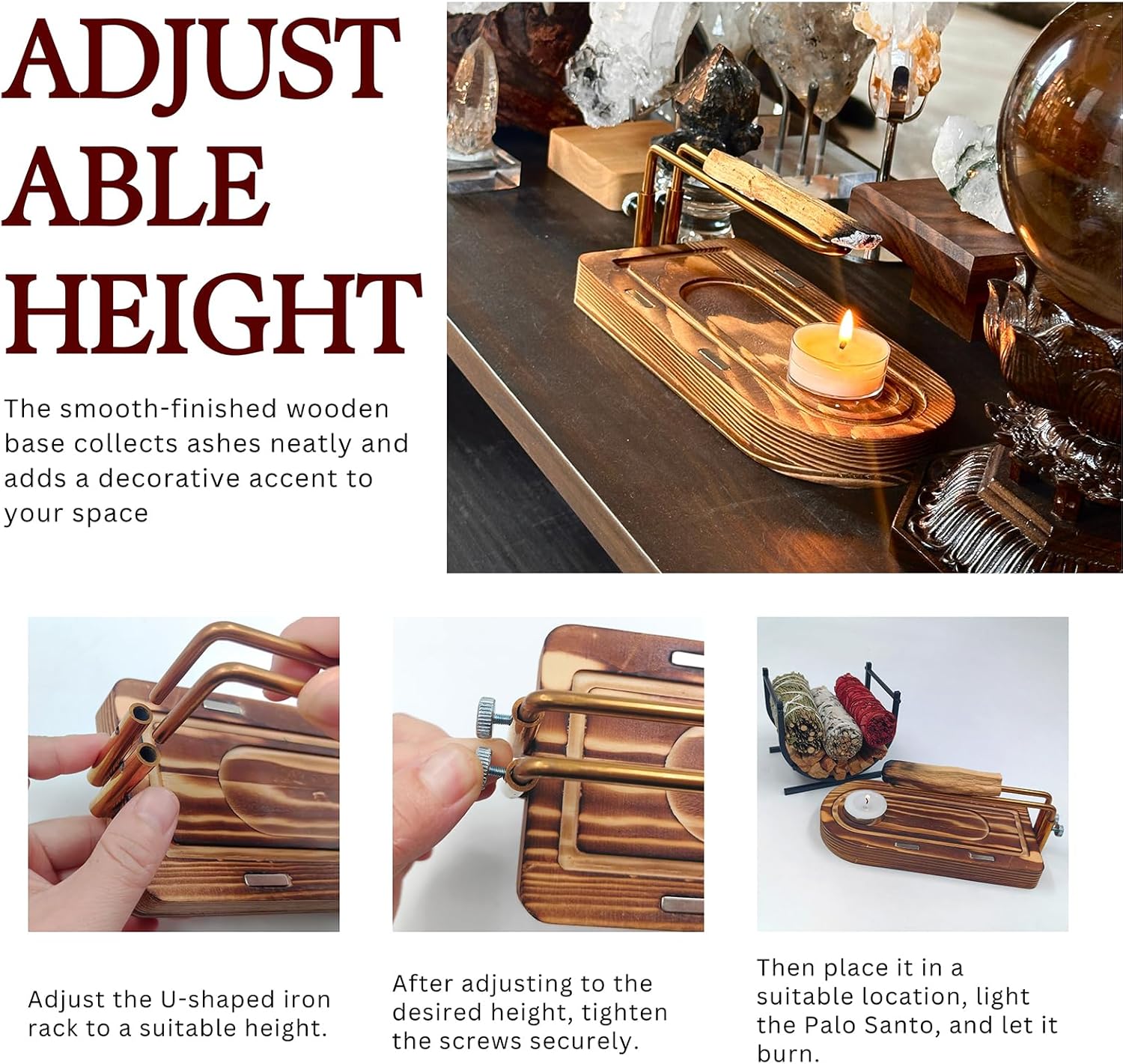 3-in-1 Palo Santo Burner & Holder Set, Wooden Ash Catcher Base with Metal Frame for Palo Santo Sticks, Sage & Smudge Sticks, Palo Santo Stand for Home Decor (3 in 1)