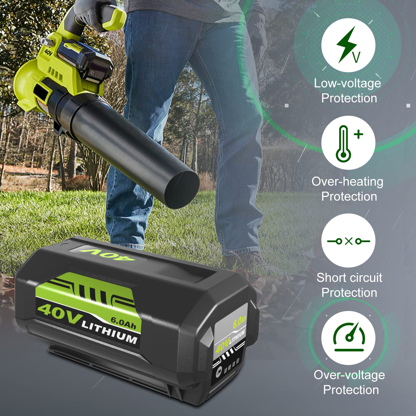 Battery Ryobi Tools Replacement For 6.0Ah Battery Compatible With Ryobi 40 Volt Battery OP4040 OP40401 OP4026 OP40261 OP4050 OP40201 OP40601 Cordless Power Tools Greenworks 40v Battery Ryobi 40v