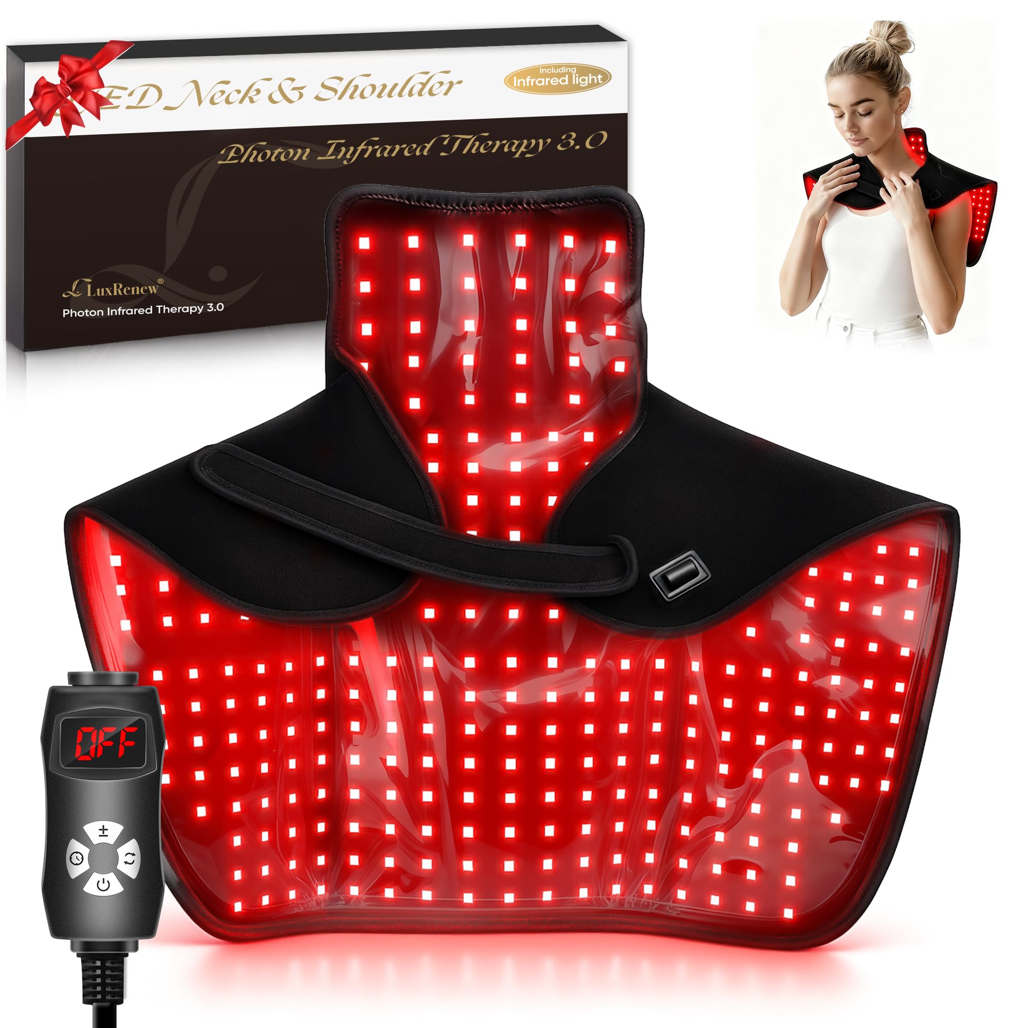 Wearable Red Light Therapy Wrap 3.0 for Neck and Shoulder – 660nm and 850nm LED Infrared Heating Pad with 288 LEDs, Deep Warming Muscle Comfort,
