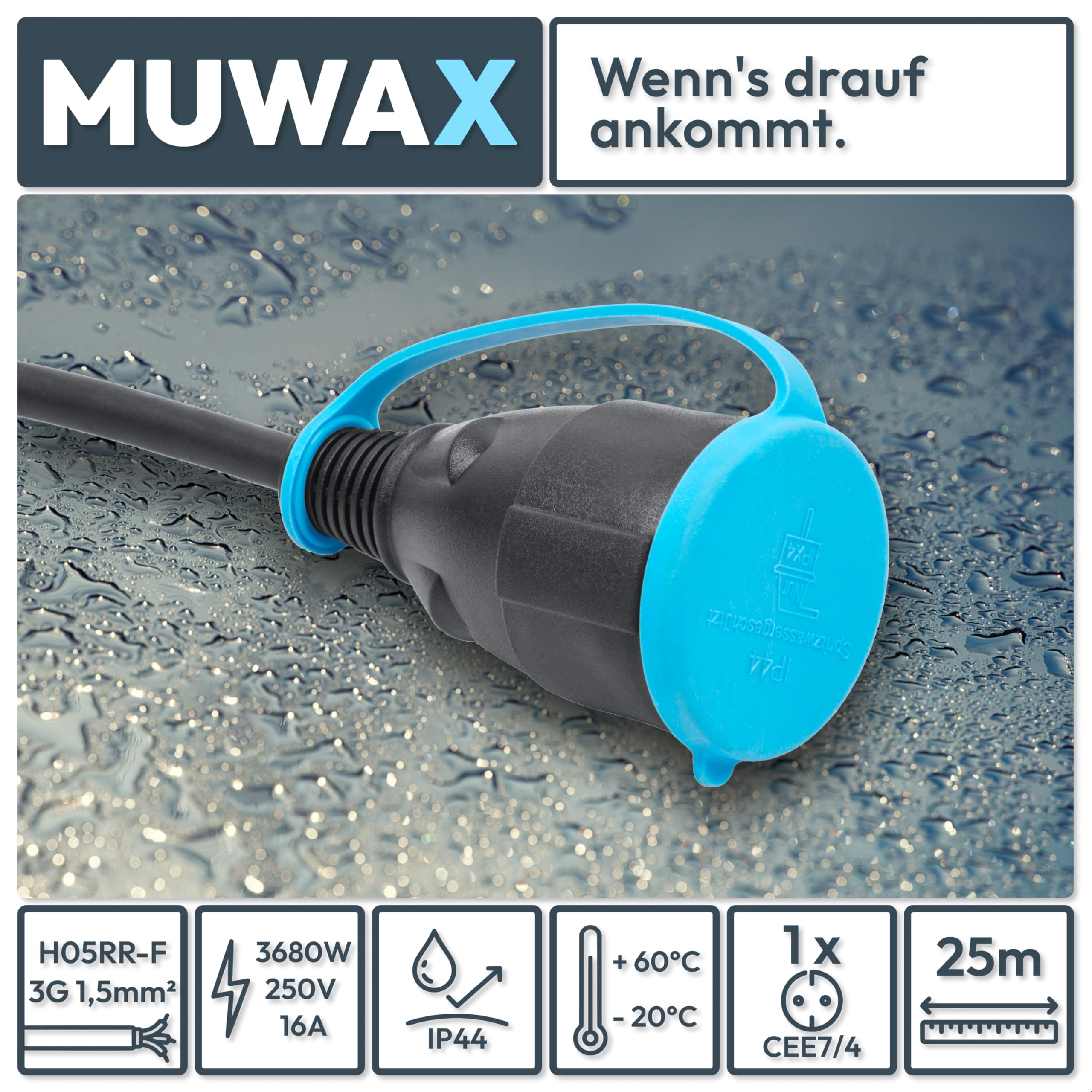 Cavo di prolunga in gomma H05RR-F 3G1,5 mm², 25 m | Per esterni, tosaerba, giardino e officina, IP44, nero