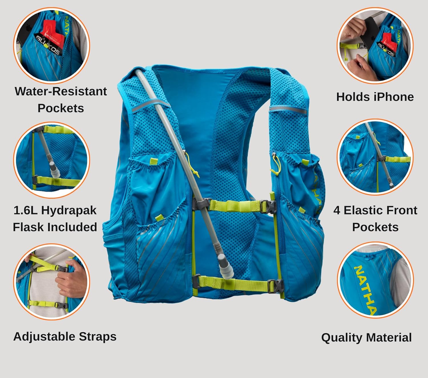 Nathan Men's Pinnacle Race Vest 12L Hydration Pack, 1.6L Water Bladder, Running Vest, Water-Resistant Pockets, Lightweight & Moisture Wicking