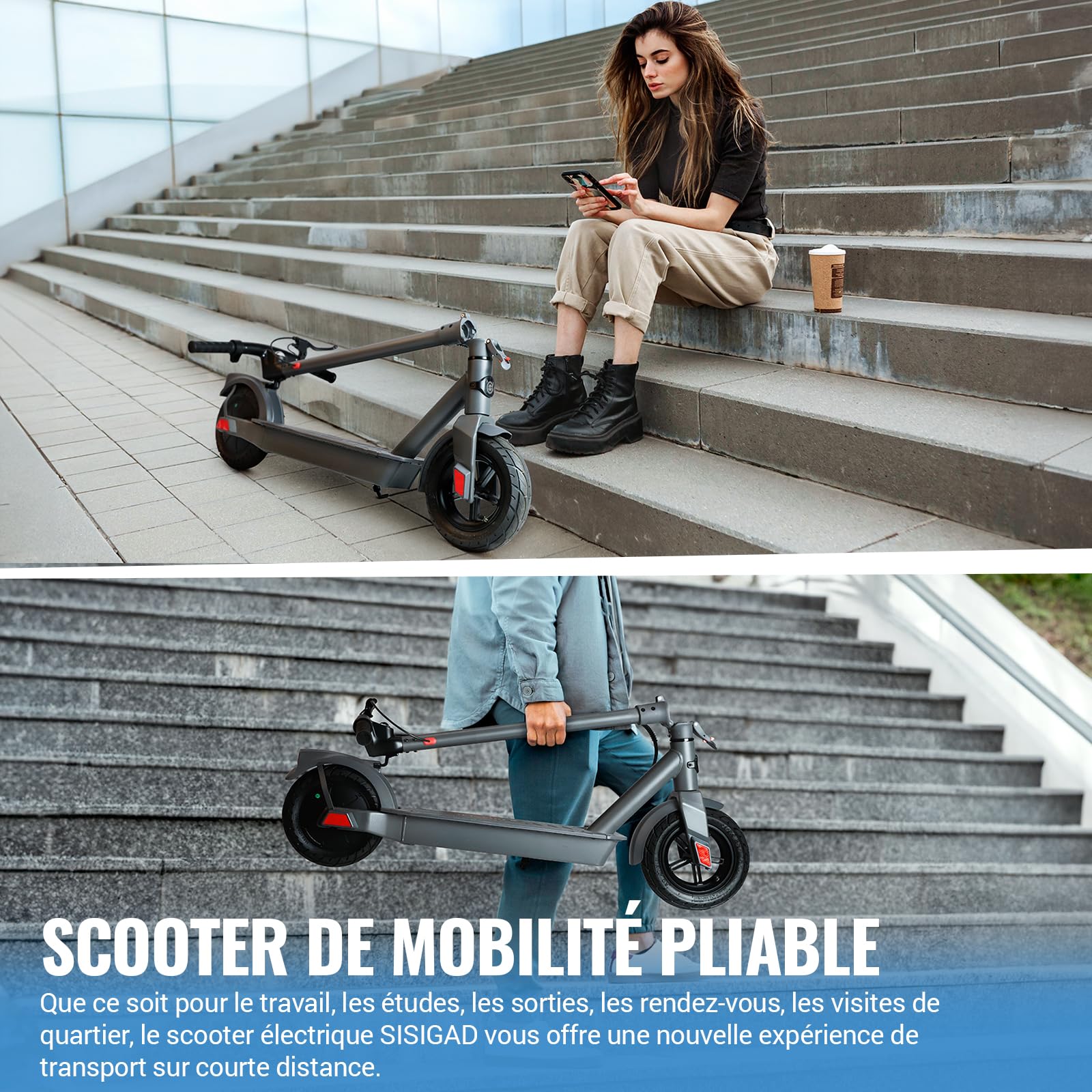 SISIGAD Trottinette Électrique Adulte 10 Pouces avec App, Portée Maxi 42km Batterie 36V 10.4AH Trottinette Électrique Pliable, Electric Scooter Adult 350W Vitesse Maxi 25km/h, avec Double Frein