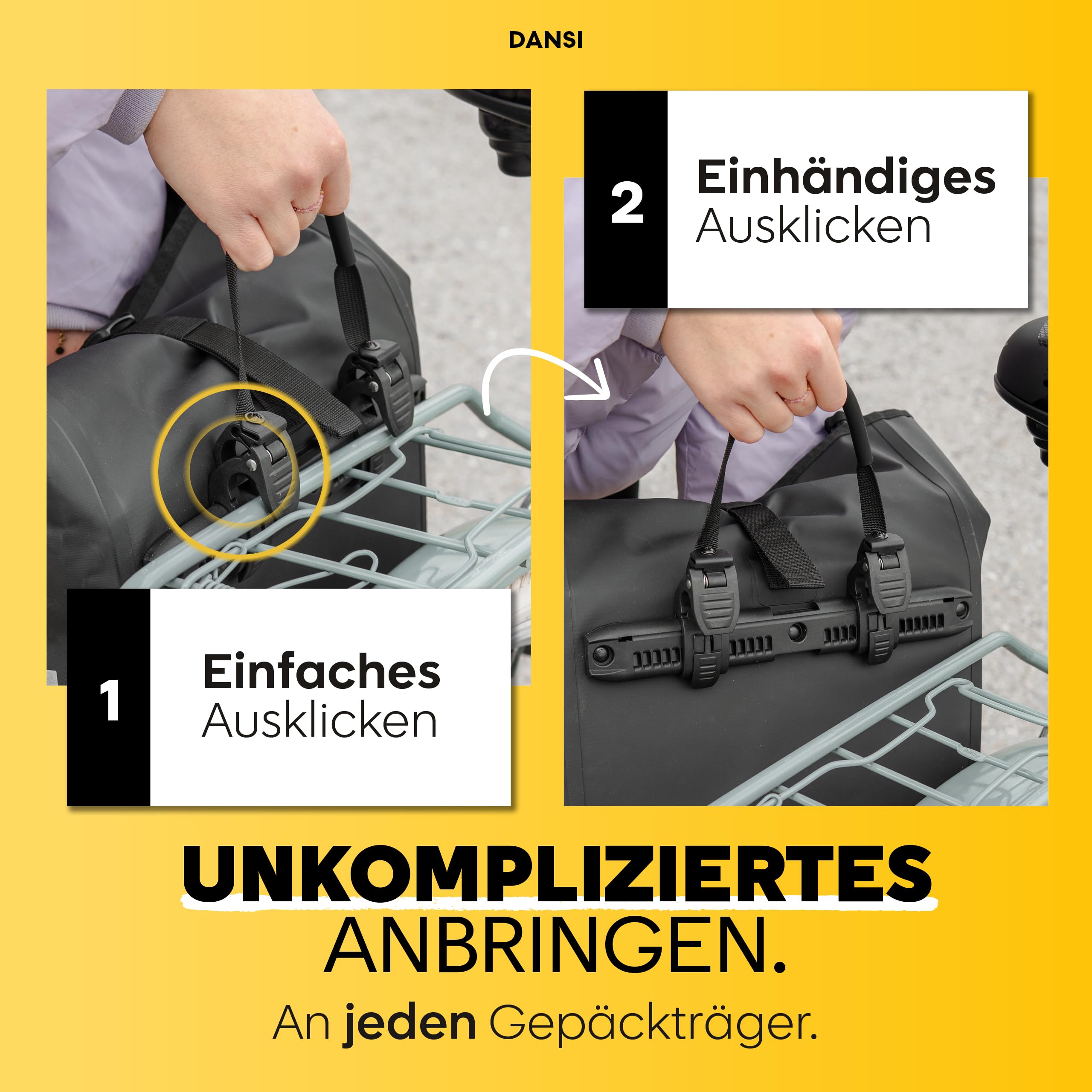 Dansi Borsa da bici 20L per portapacchi, con tracolla e maniglia, borsa da bici impermeabile al 100% con catarifrangenti e sistema a scatto, nera (set di 1)