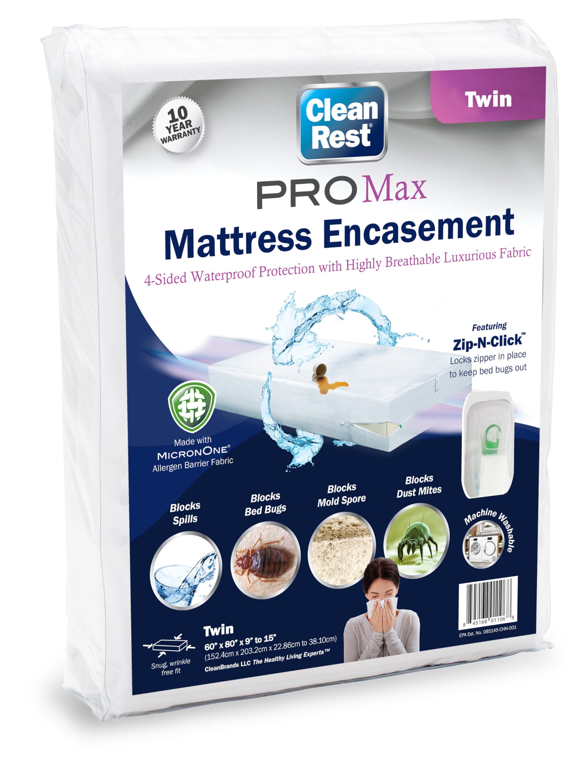 CleanRest PRO Max Mattress Encasement (Zippered Protector) with Patented Zip-N-Click Closure for Secure Bed Bug Protection for Frequent Mattress Flippers (Twin)