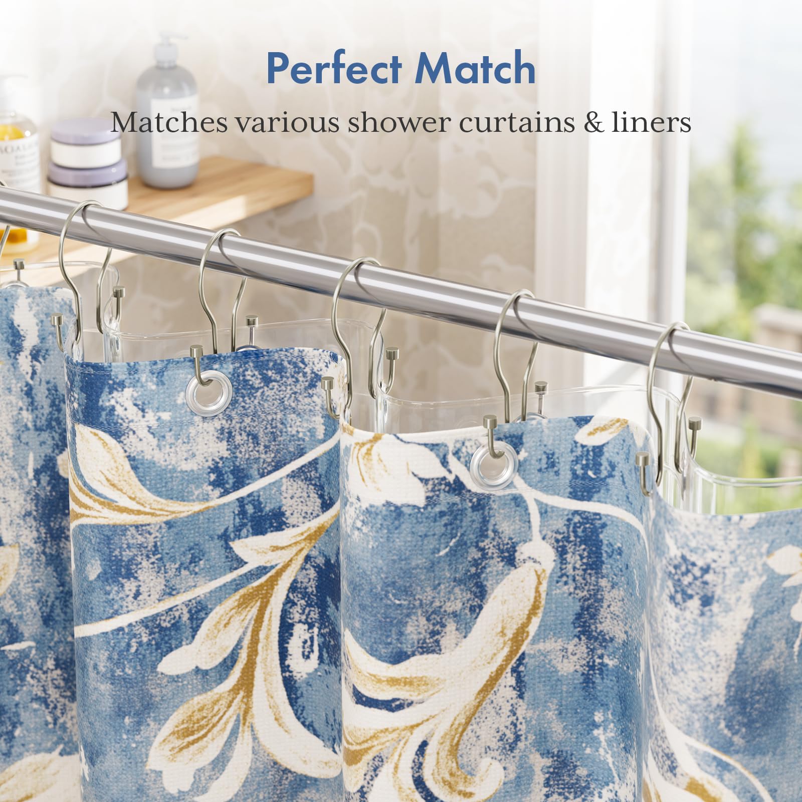 Bathway Lot de 24 crochets de rideau de douche en nickel avec design cylindrique, crochets de rideau de douche en métal antirouille, à glissement lisse, anneaux doubles pour rideau de douche