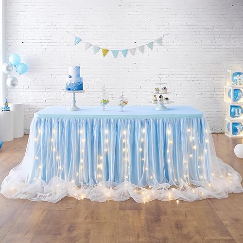 Falda de mesa de tul con volantes,tutú de mesa LED, rosa, blanco, azul o gris. Falda para mesas rectangulares, para baby shower, boda o decoración